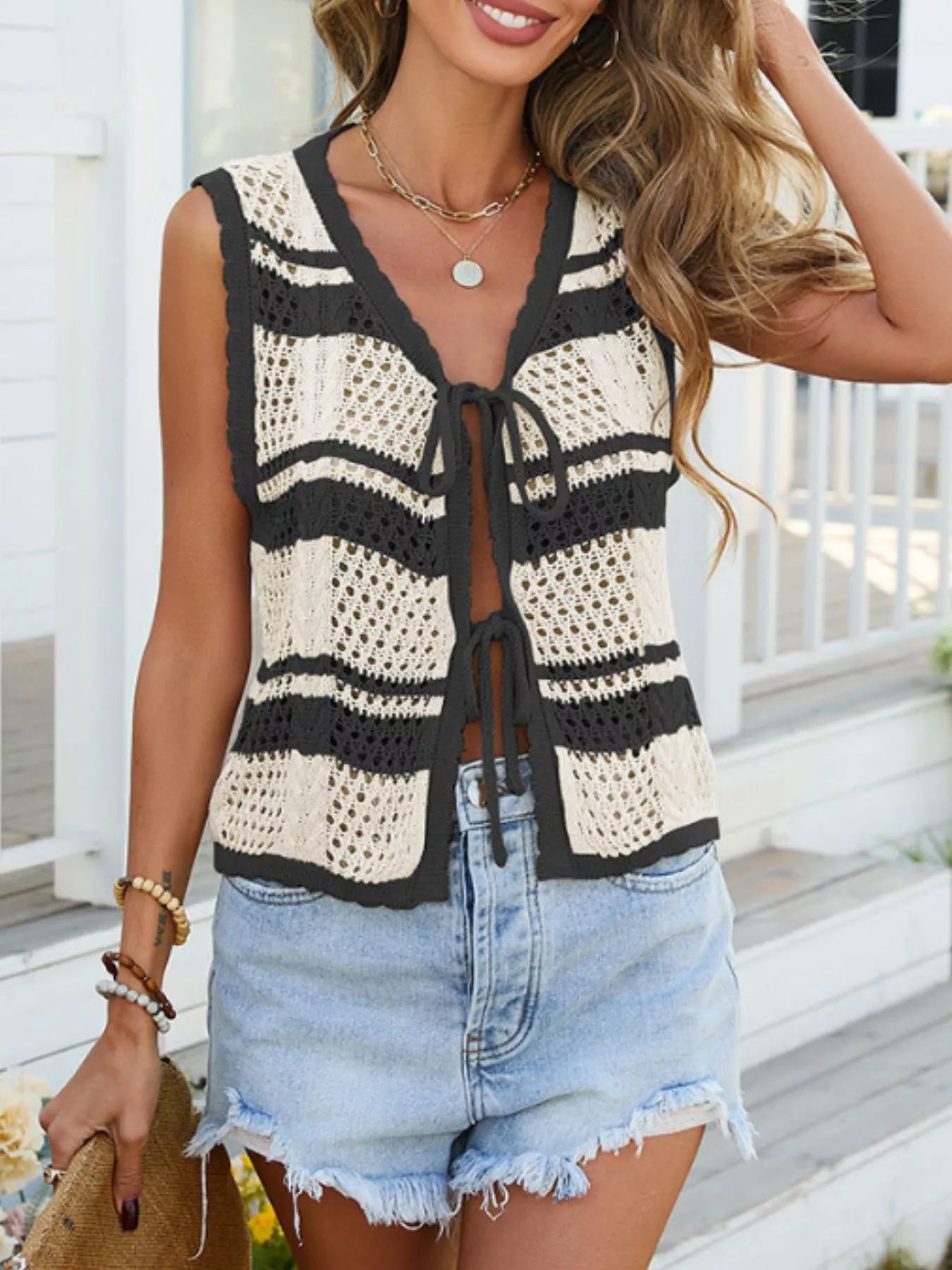 Striped Crochet Tie-Front Cardigan Secondary image