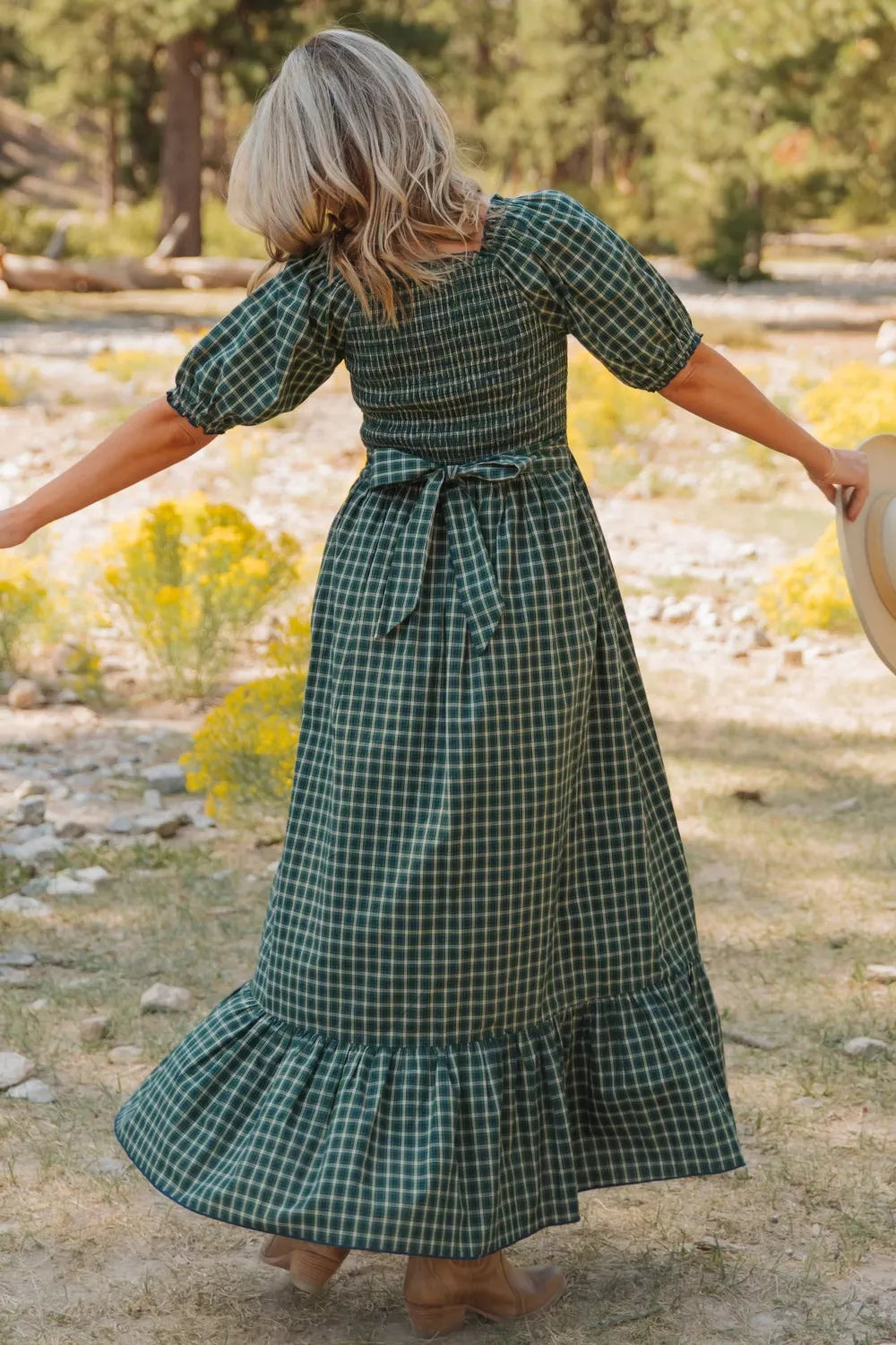 Plaid Square Neck Shirred High Waist Ruffle Hem Maxi Dress Secondary image