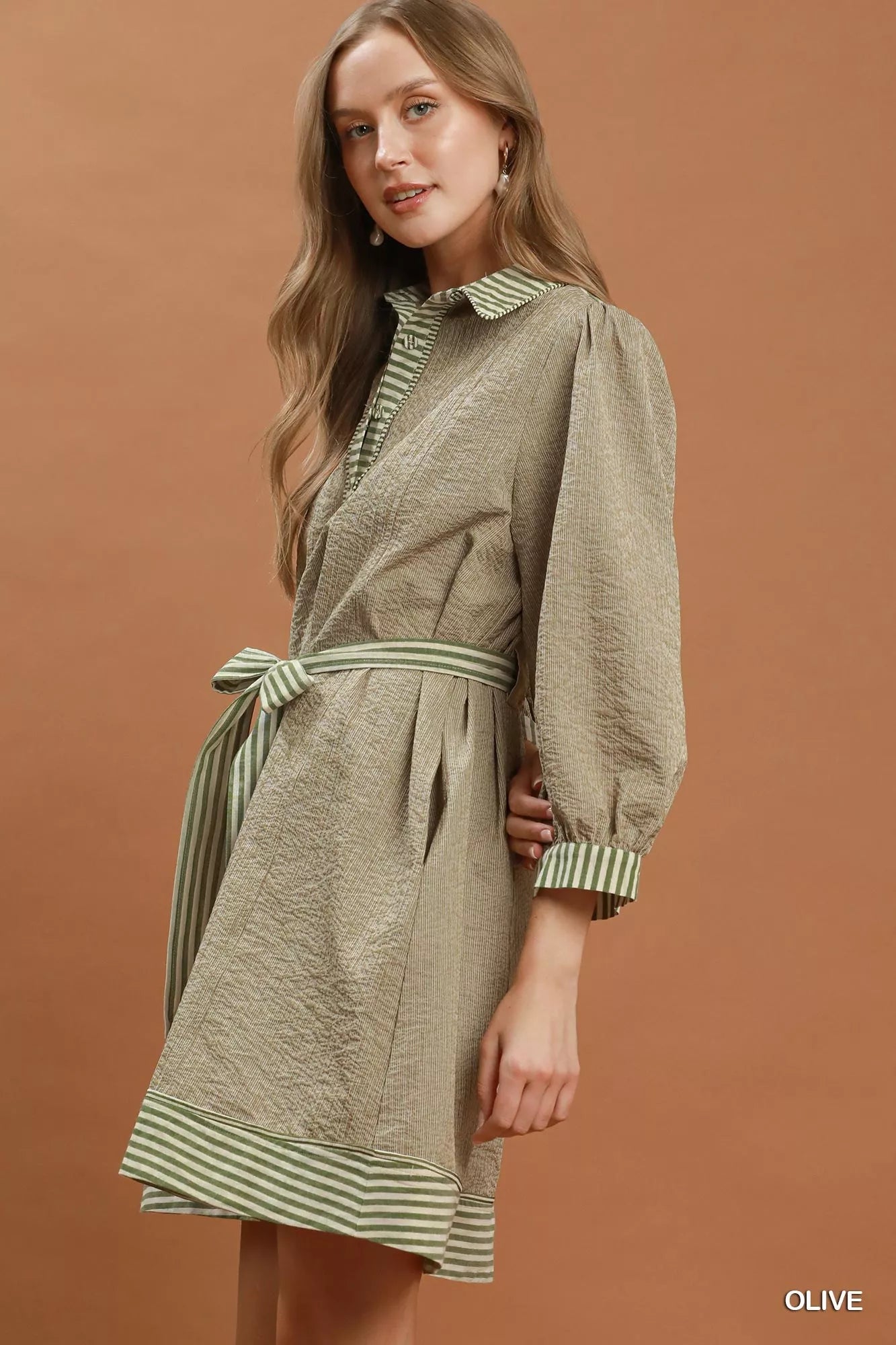 Umgee Striped Contrast Belted Puff Sleeve Mini Dress Secondary image