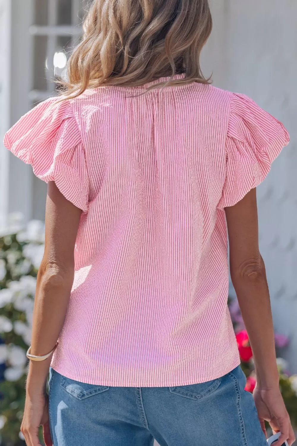 Stripe Short Bubble Sleeve Split V Neck Blouse Secondary image
