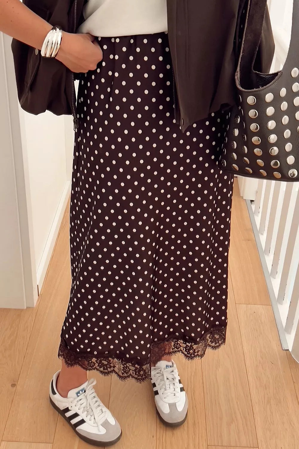 Polka Dot Lace Hem Elegant Long Shift Skirt Secondary image