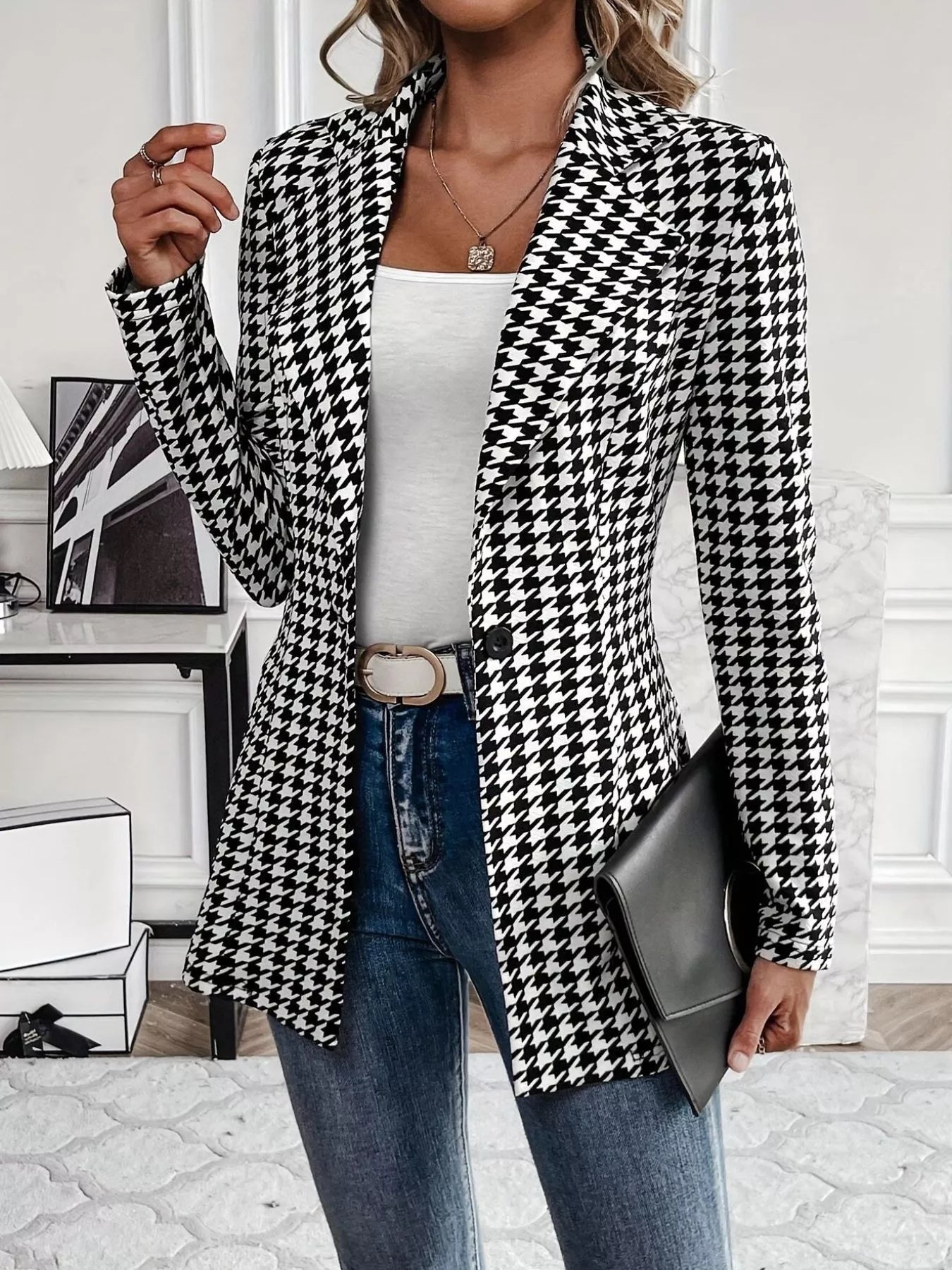 Houndstooth Print Lapel Collar Blazer Secondary image