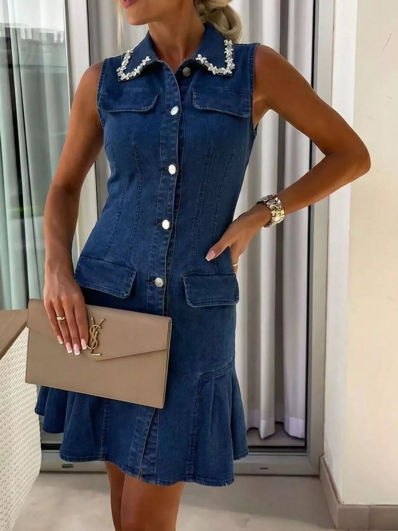 Ruffle Hem Sleeveless Denim Dress Secondary image