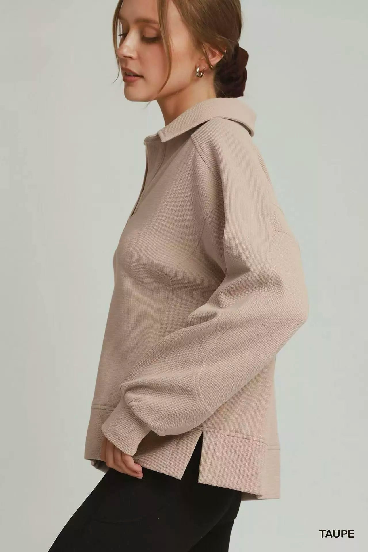 Umgee Brushed Waffle Polo Collared Pullover Secondary image
