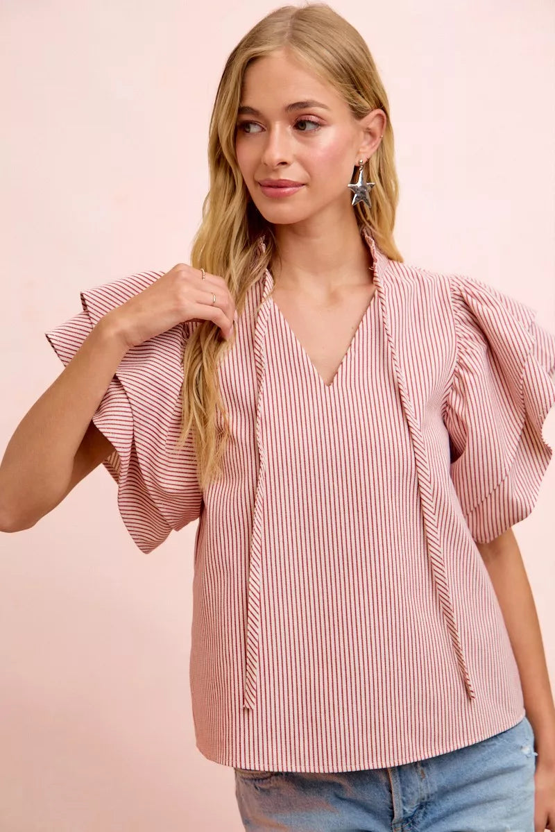BiBi Twill Striped Ruffle Sleeve Blouse Secondary image