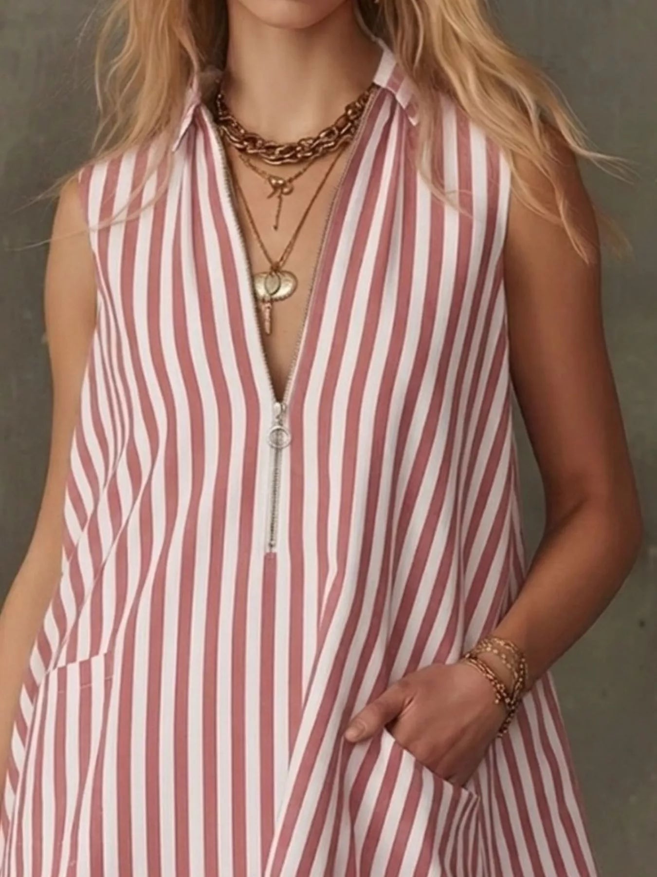 Striped Zipper Neck Ruffle Hem Dress Secondary image