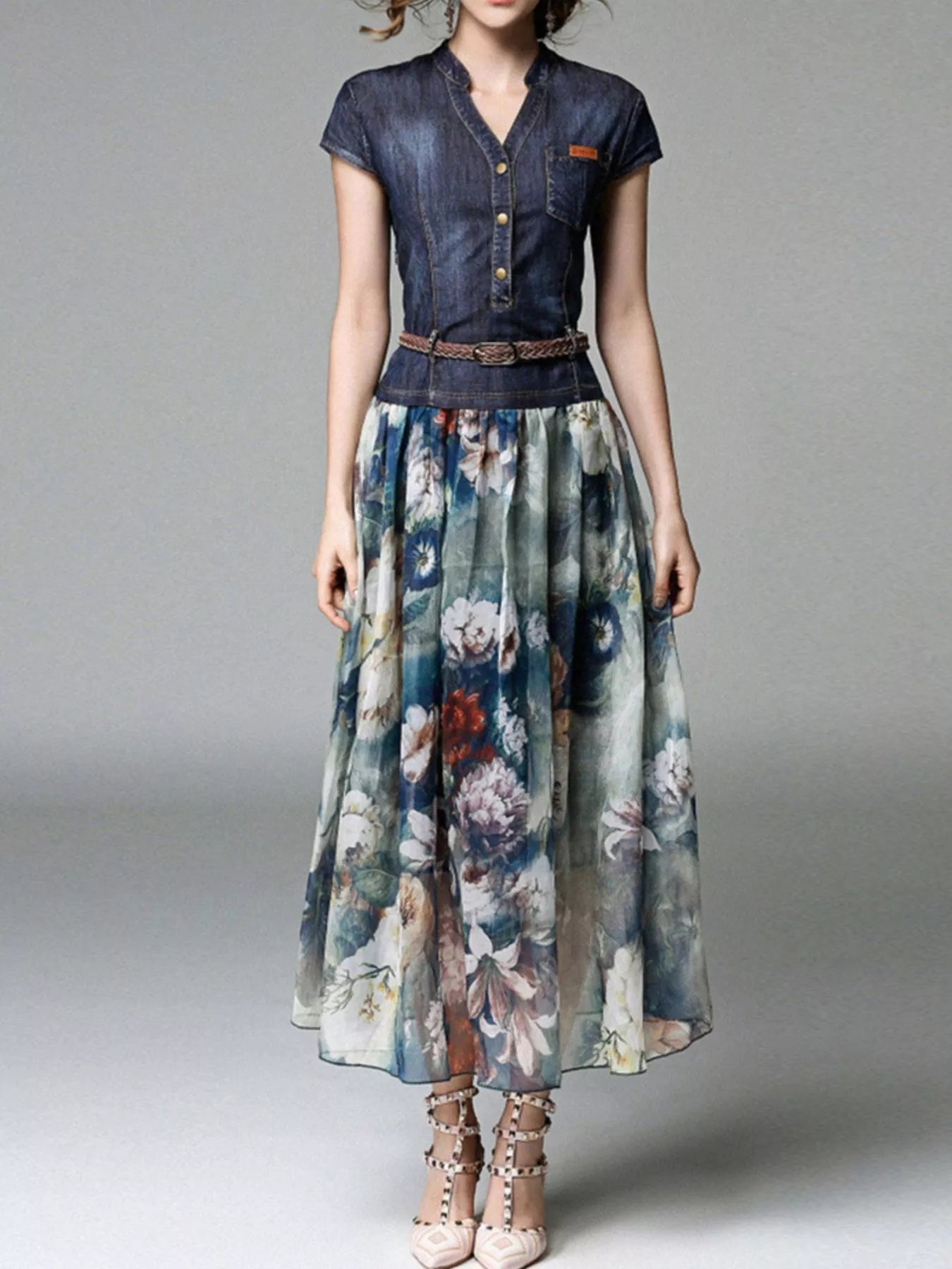 Full Size Patchwork Floral Print Chiffon Dress Plus Size Secondary image