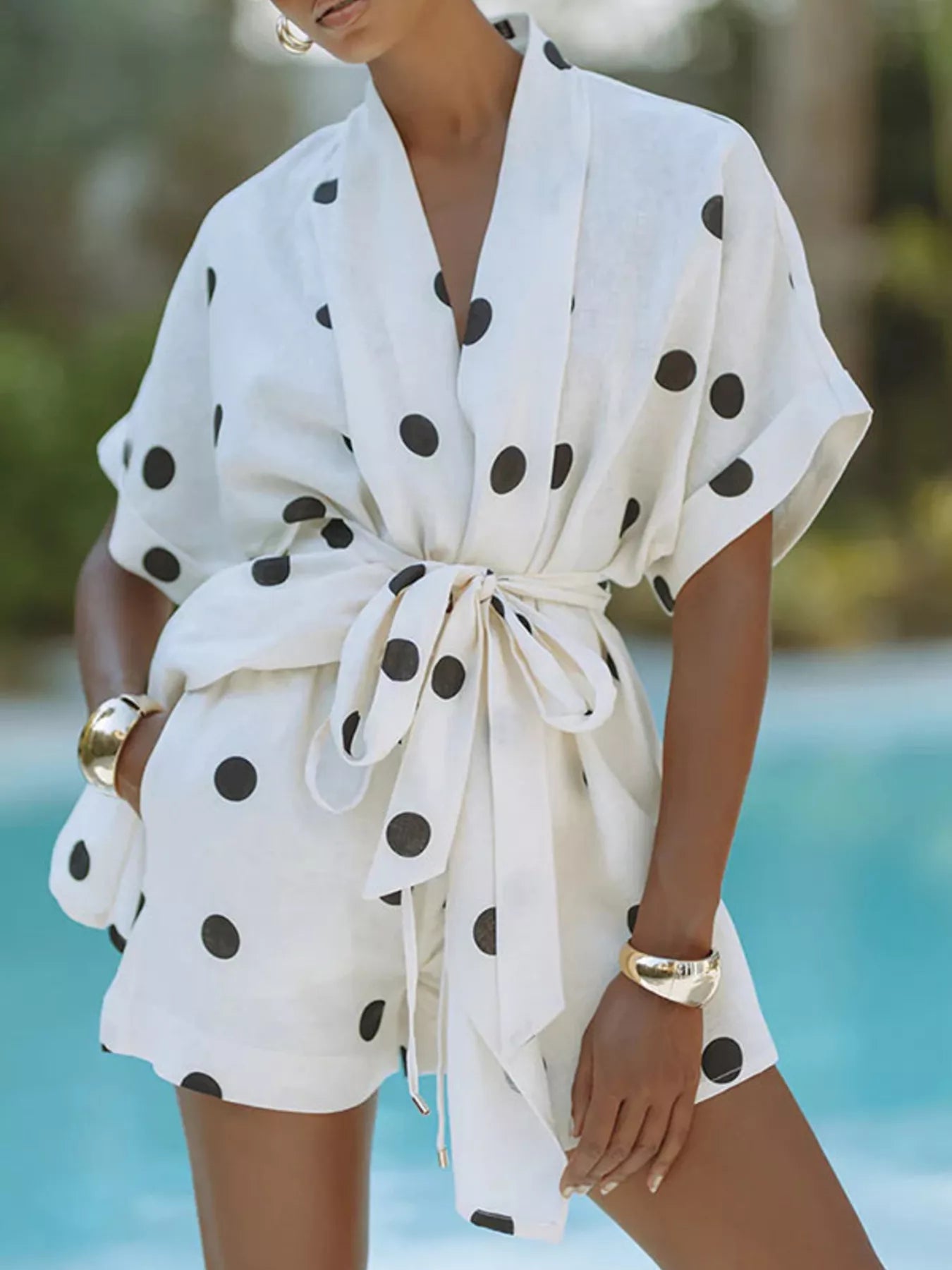 Polka Dot Tie Waist Top and Shorts Set Secondary image