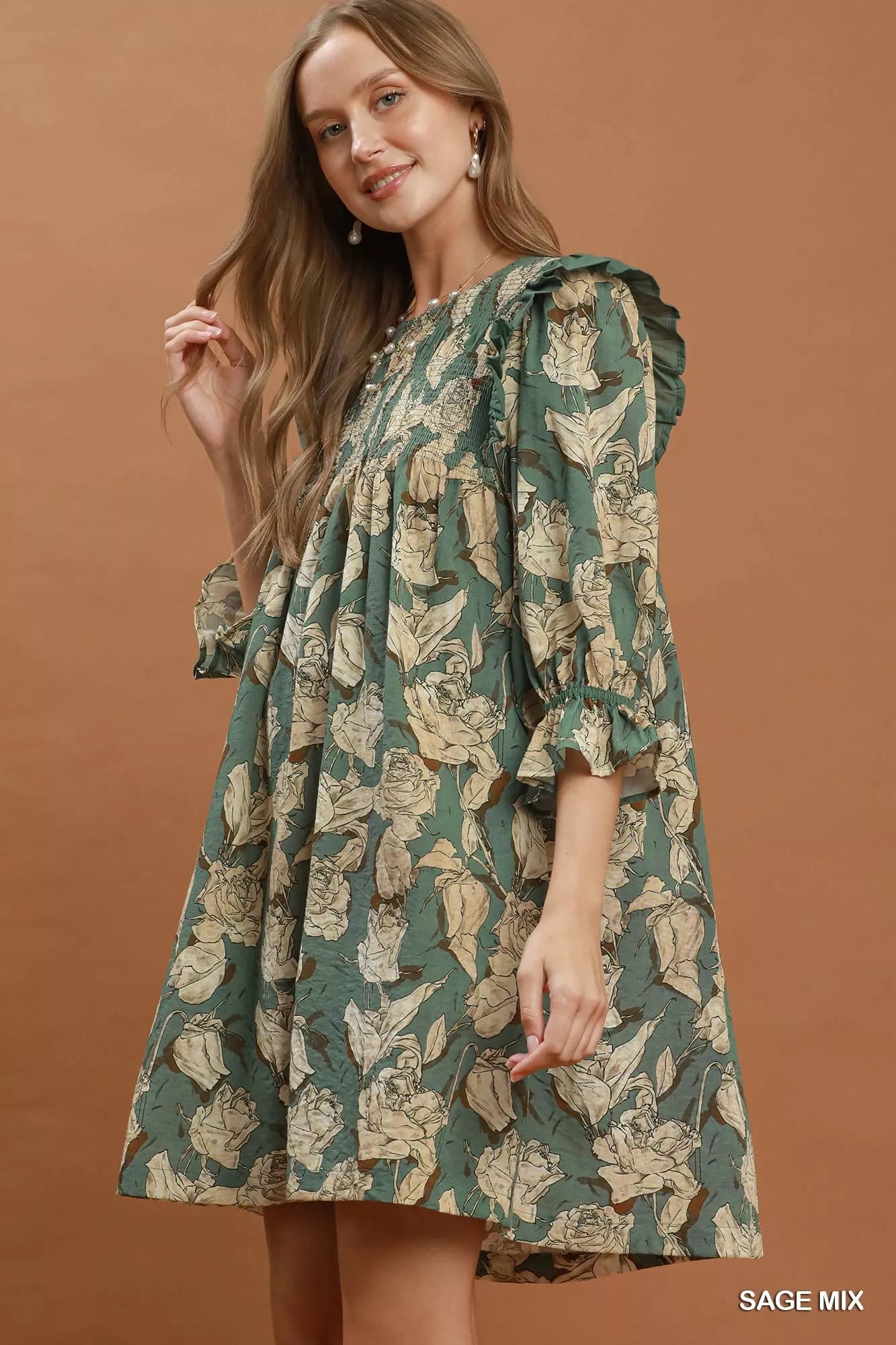Umgee Mix Floral Print Smocked Ruffle Detail Flowy Dress Secondary image
