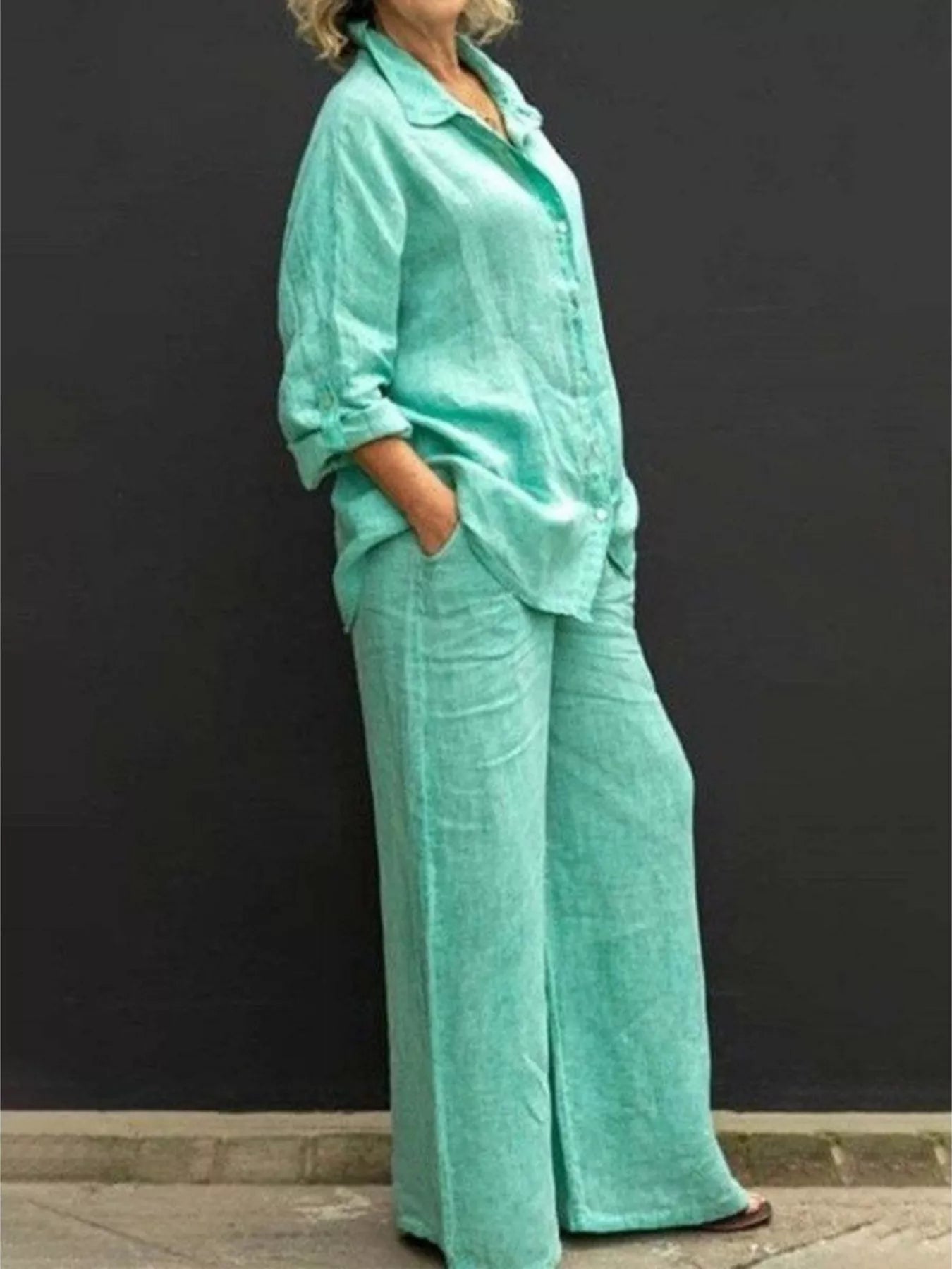 Full Size Long Sleeve Shirt and Pants Set Plus Size Secondary image