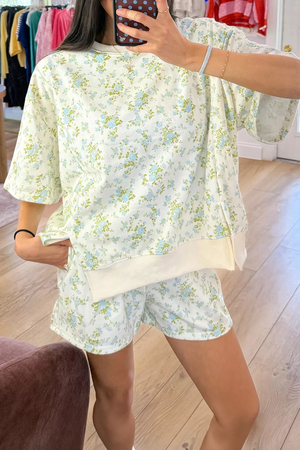 Floral Print Long Sleeve Shift Top Pocketed Shorts 2pcs Set Secondary image