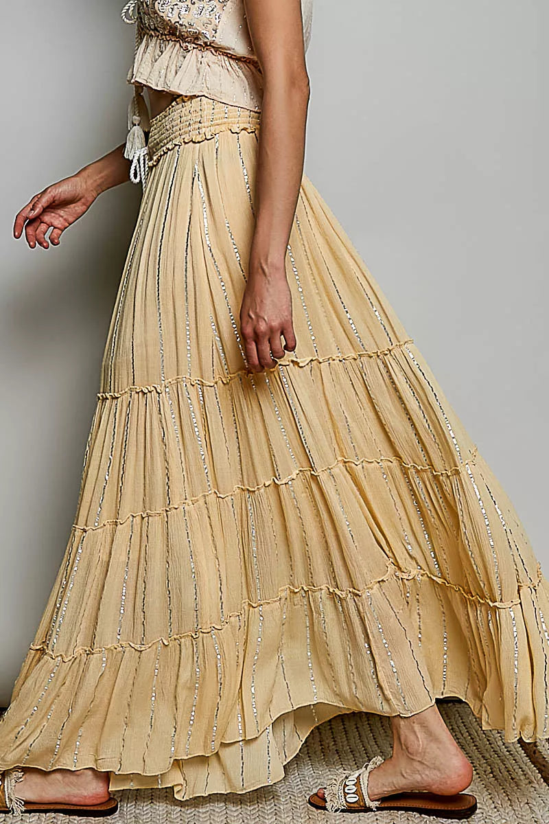POL Shimmer Tiered Reverse Ruffle Smocked Waist Maxi Skirt Secondary image