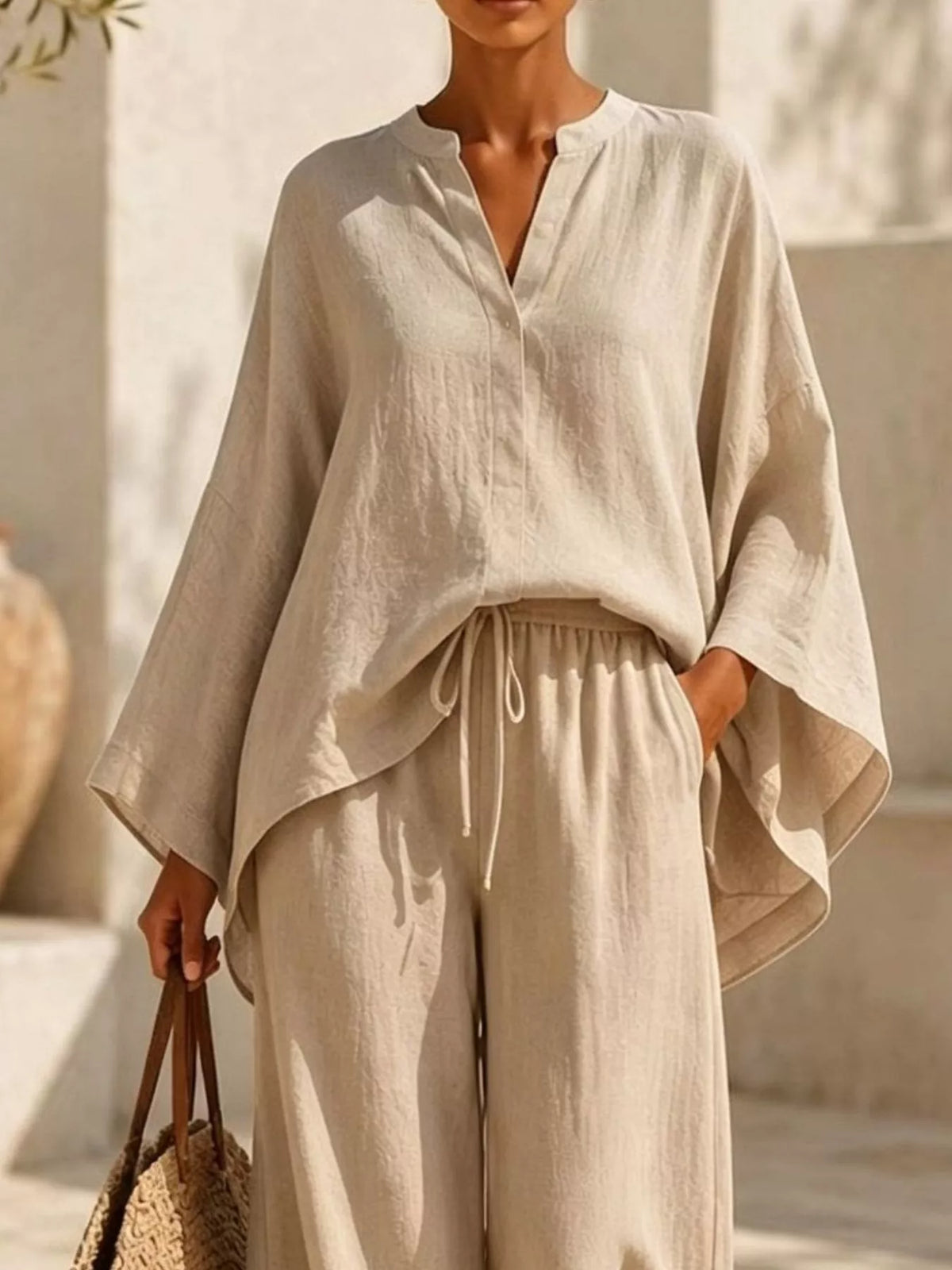 Full Size Loose Fit Top and Wide-Leg Pants Set Plus Size – White / Khaki - photo 5