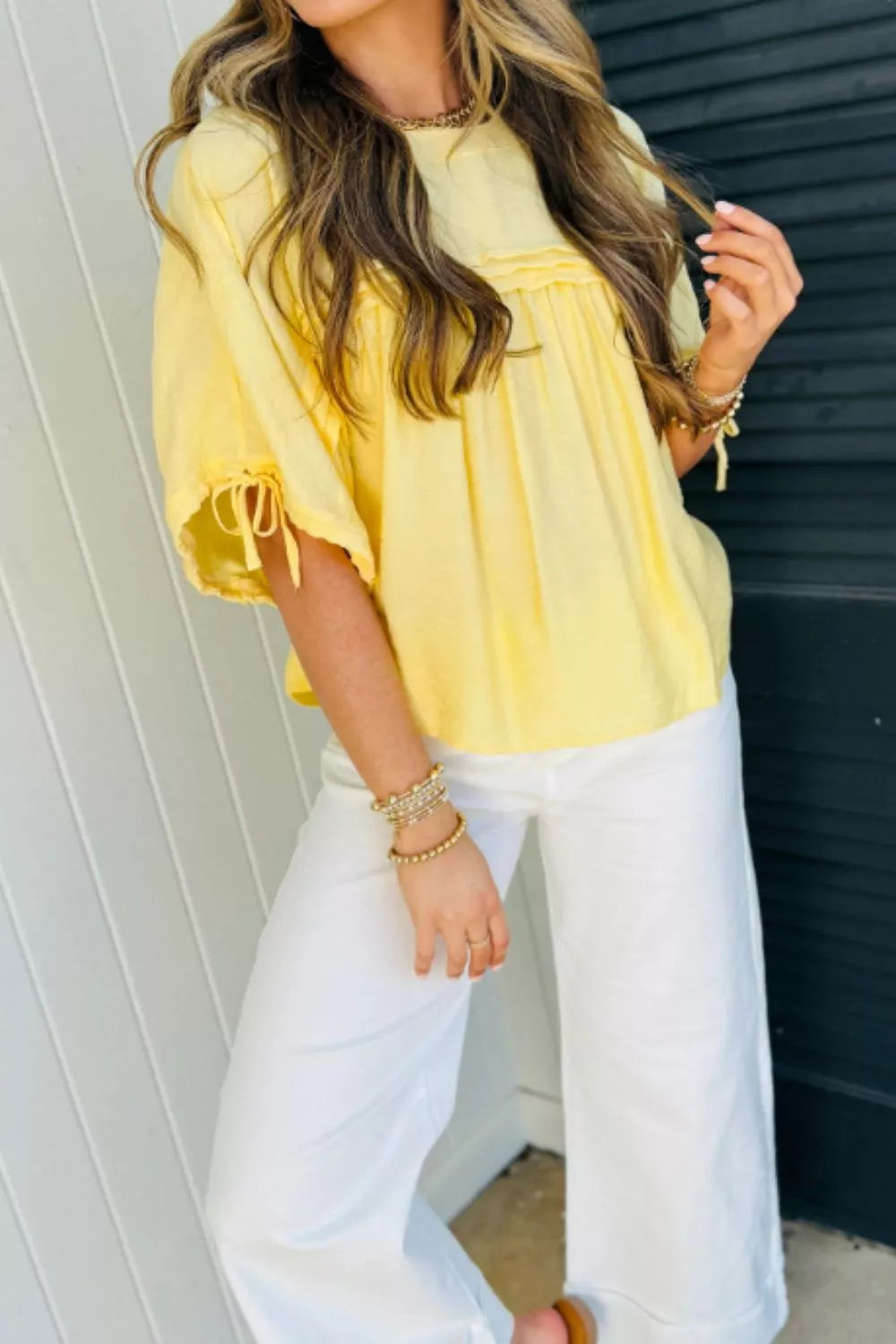 Tie Half Sleeve Pleated Detail Babydoll Blouse Secondary image
