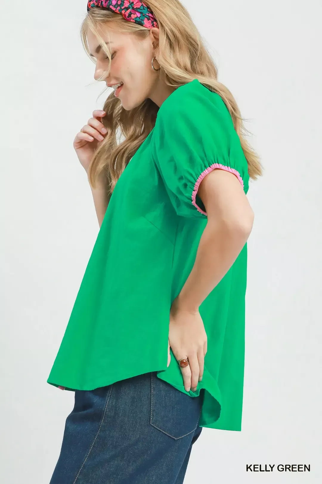 Umgee Contrast Trim Button Front Puff Sleeve Blouse Secondary image