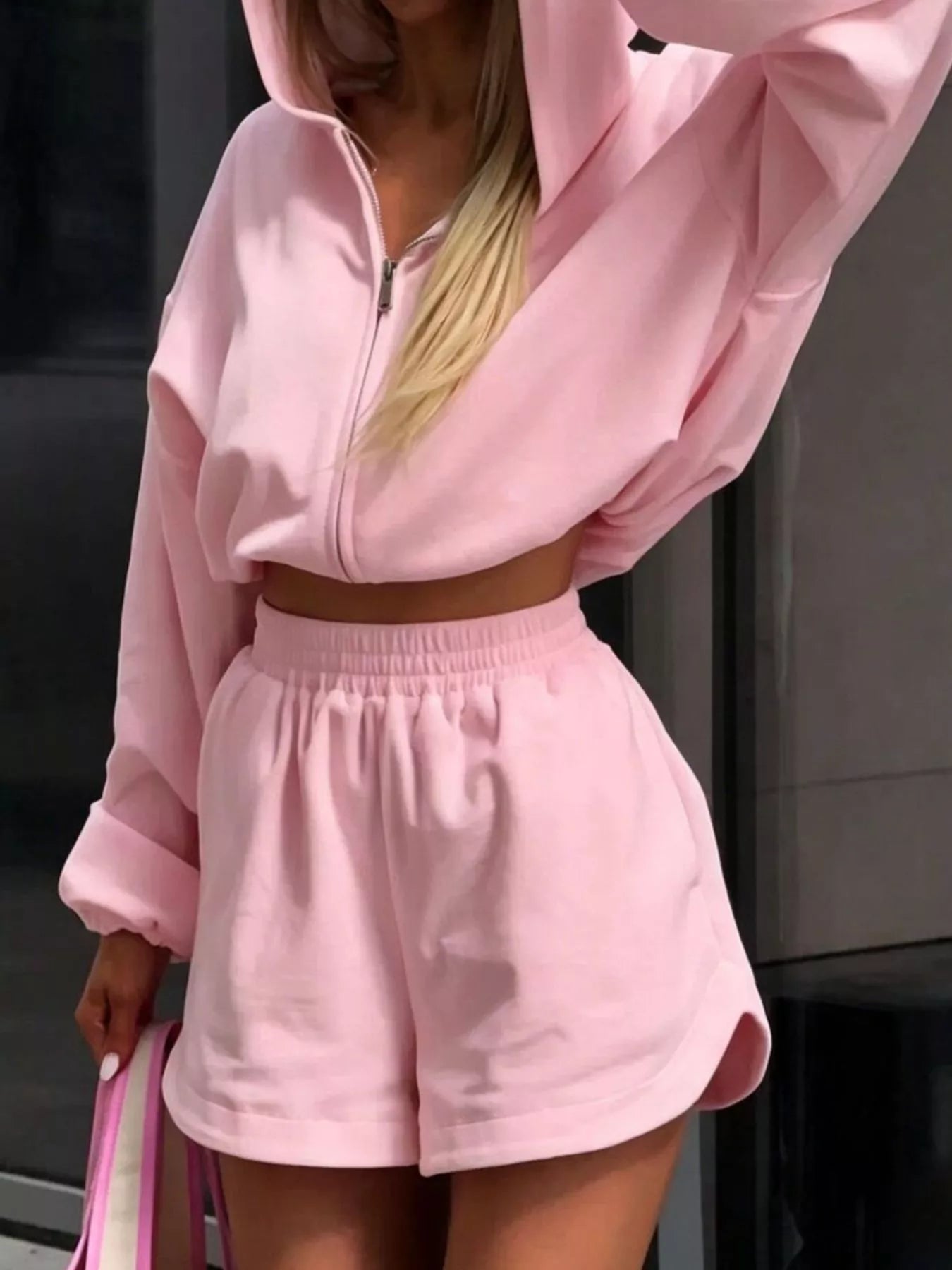 Zip Up Crop Hoodie and Shorts Set Secondary image