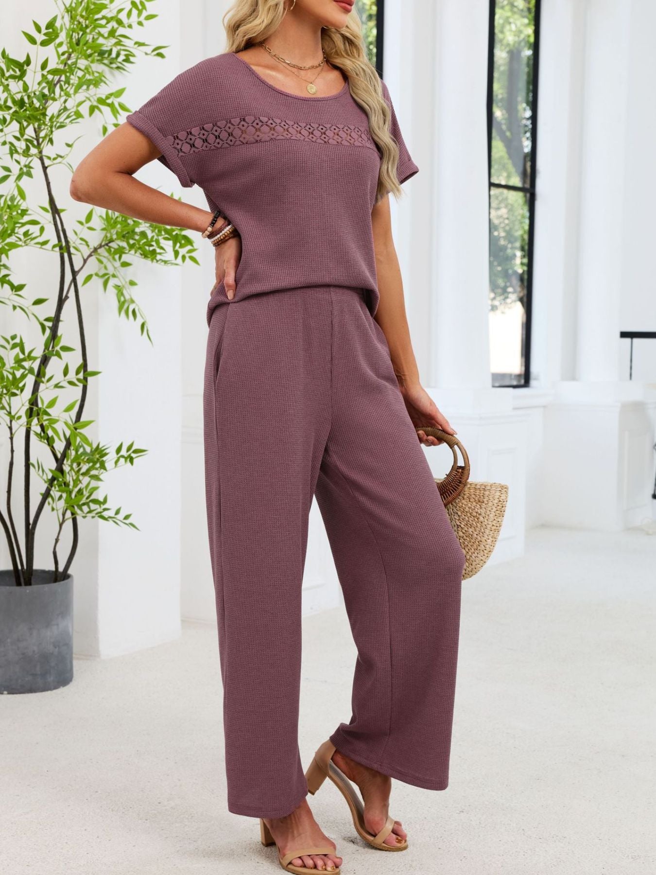 Lace Detail Short Sleeve Top and Pants Set Secondary image