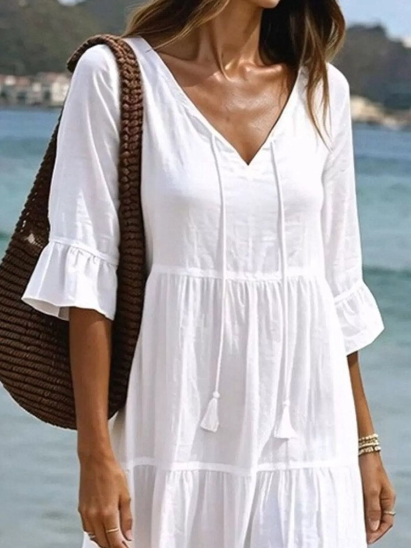 Full Size Tiered Tie Neck Flounce Sleeve Dress Plus Size Secondary image
