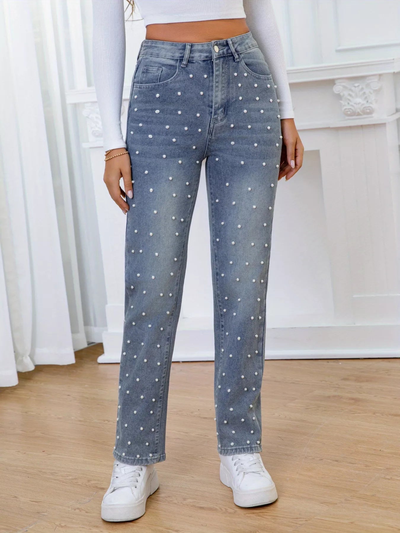 Pearl Embellished High Waist Straight Jeans Secondary image