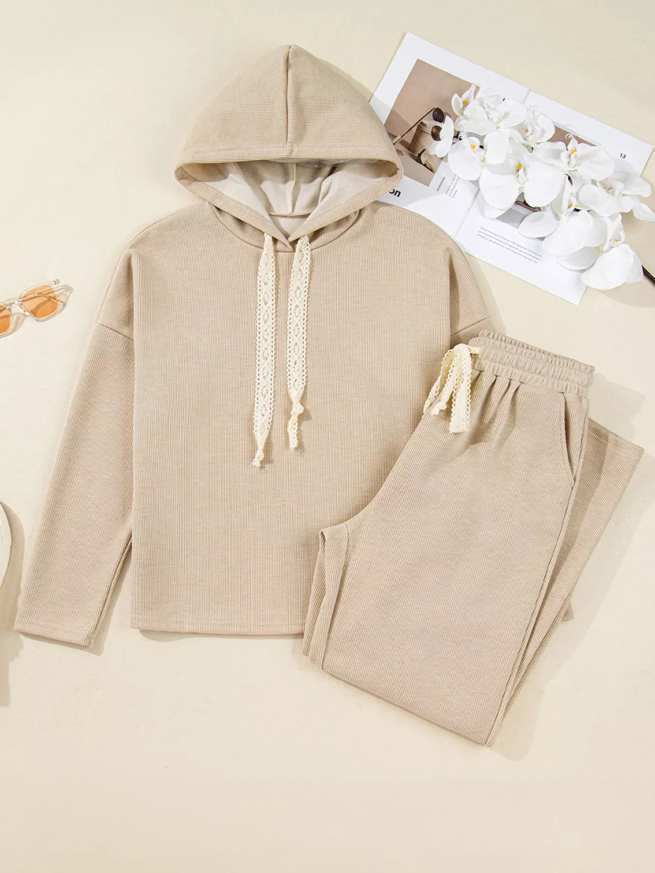 Lace Drawstring Hoodie and High Waist Pants Set Secondary image