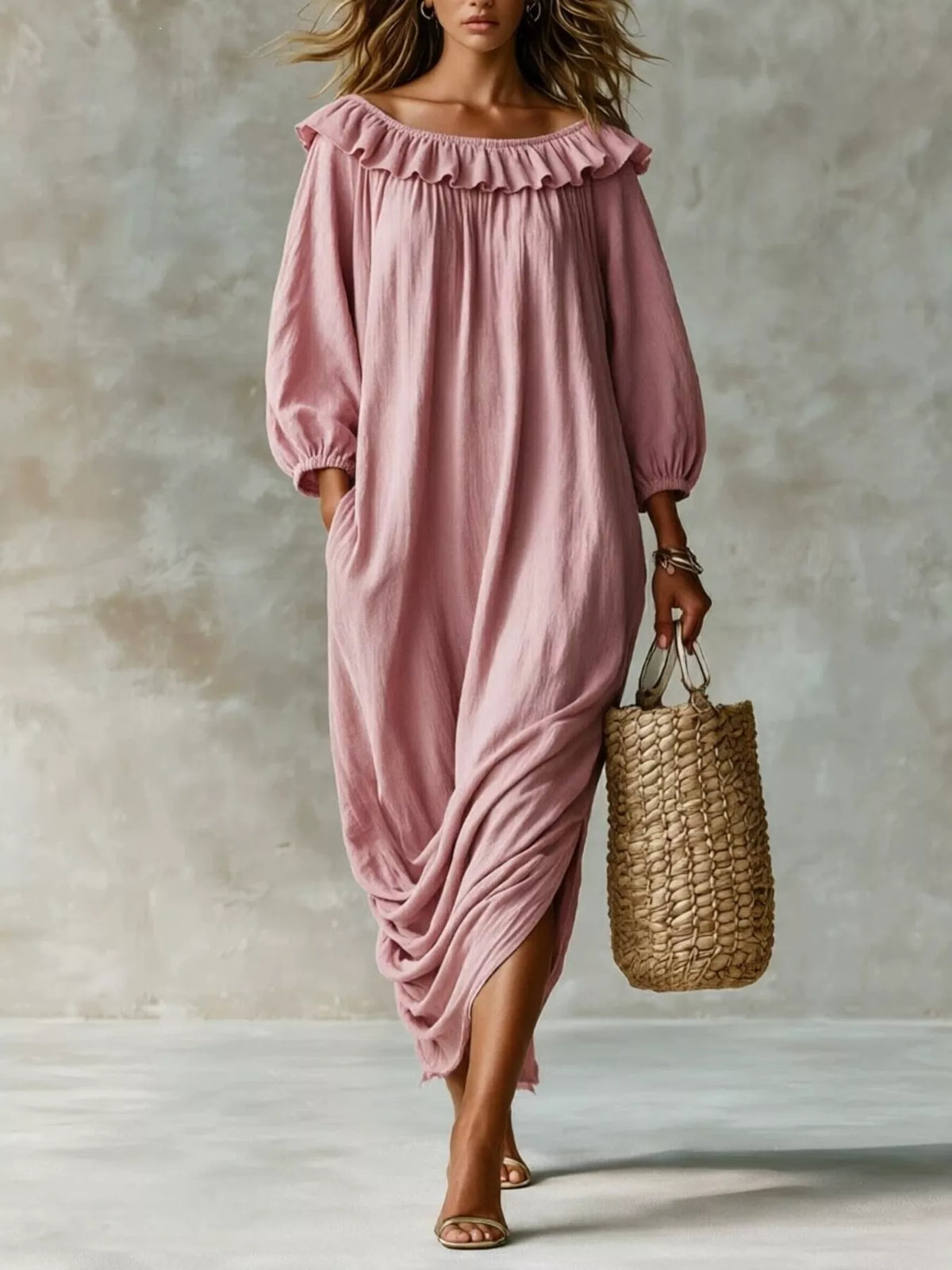 Ruffled Boat Neck Ruched Midi Dress - photo 1