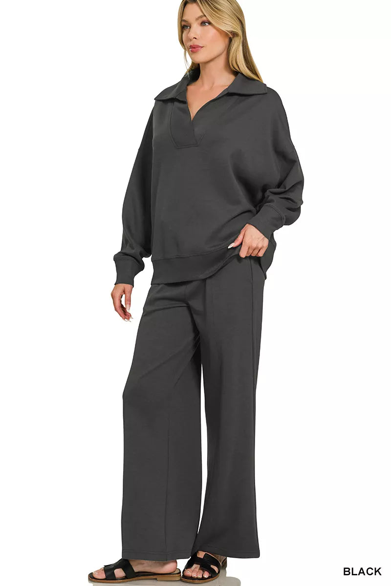 Zenana Scuba Collared Pullover & Center Seam Pants Set Secondary image