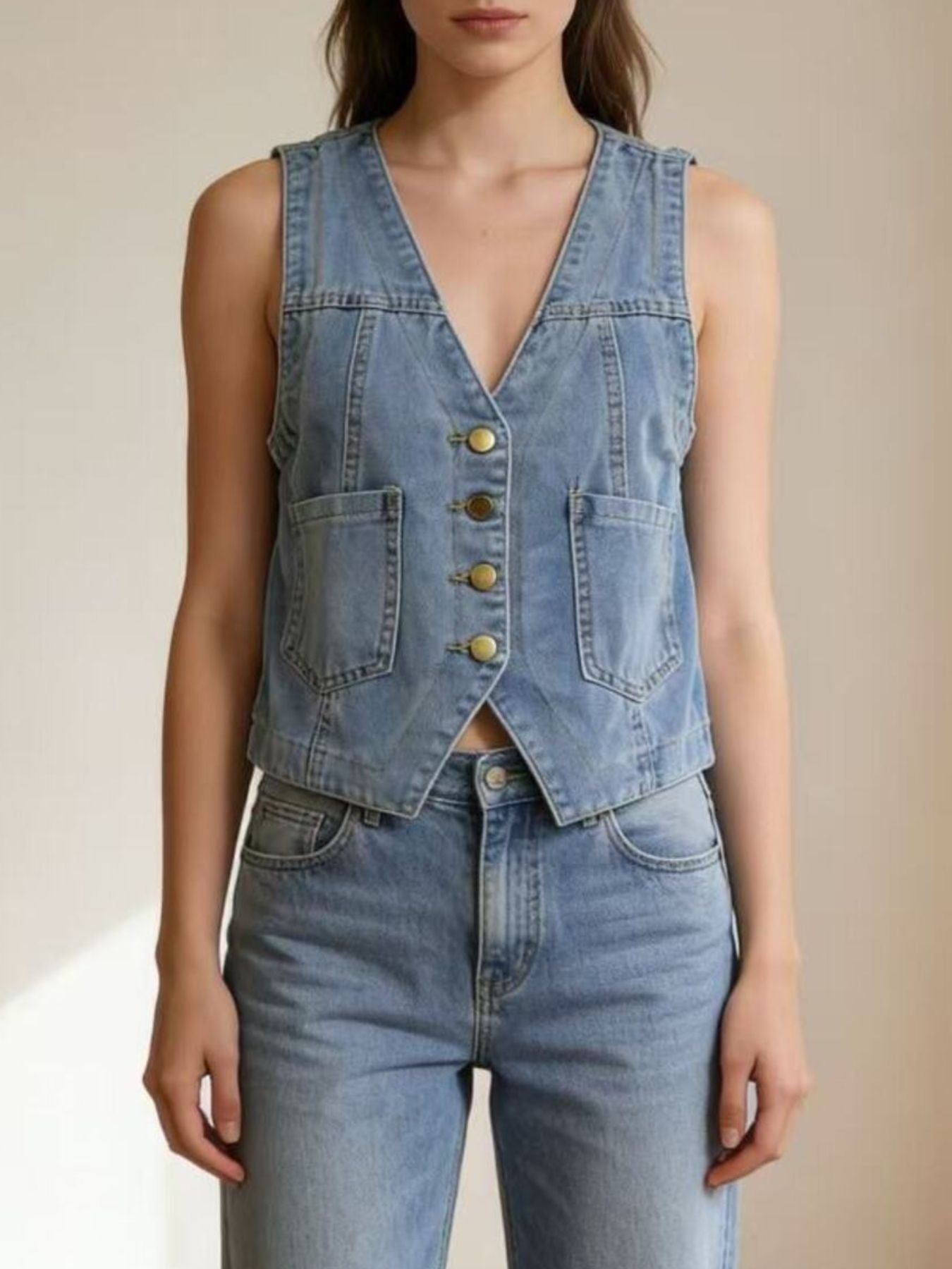 Plus Size Button-Down Denim Vest Secondary image