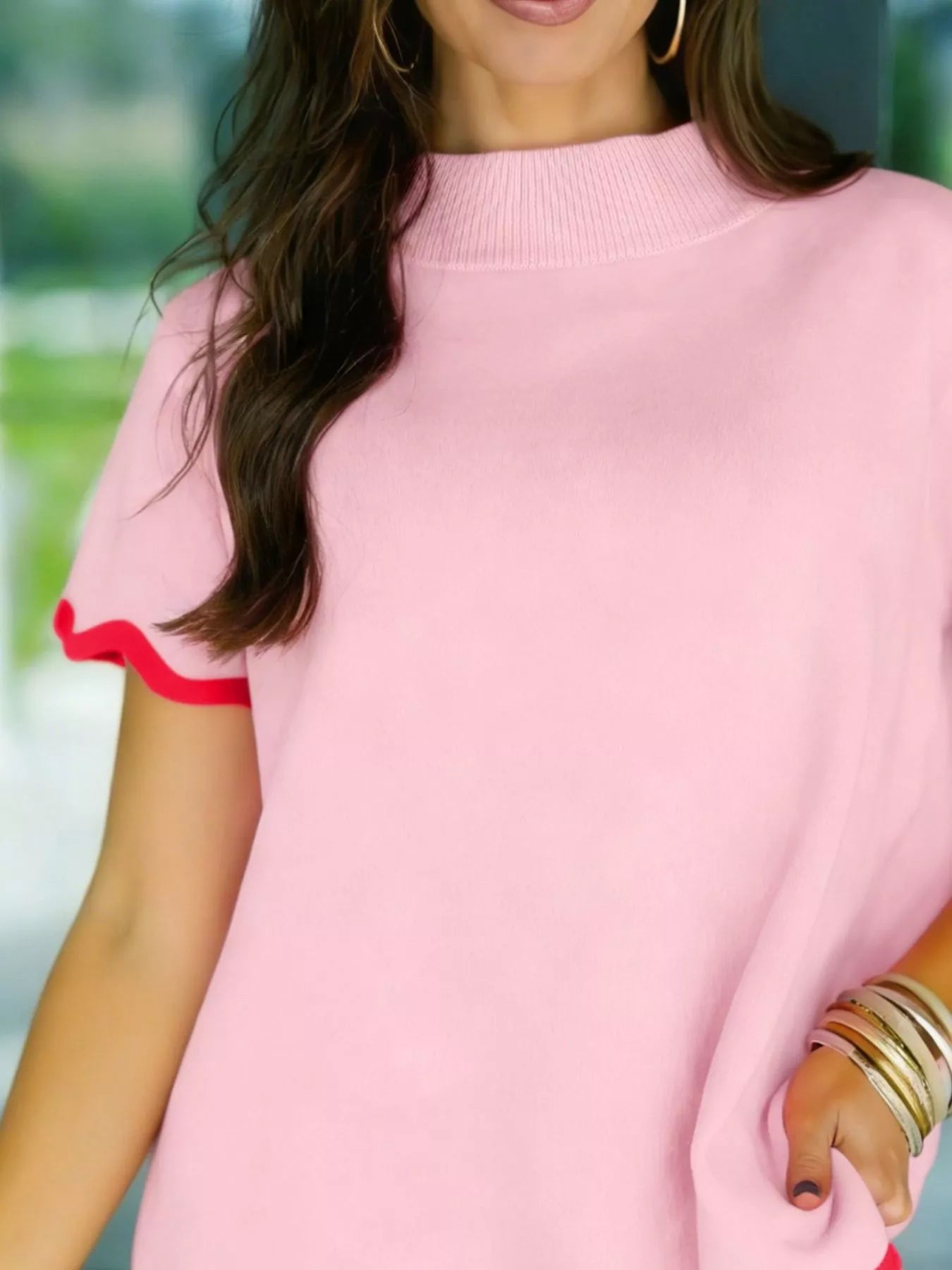 Stand Neck Contrast Wavy Trim Short Sleeve Sweater Secondary image