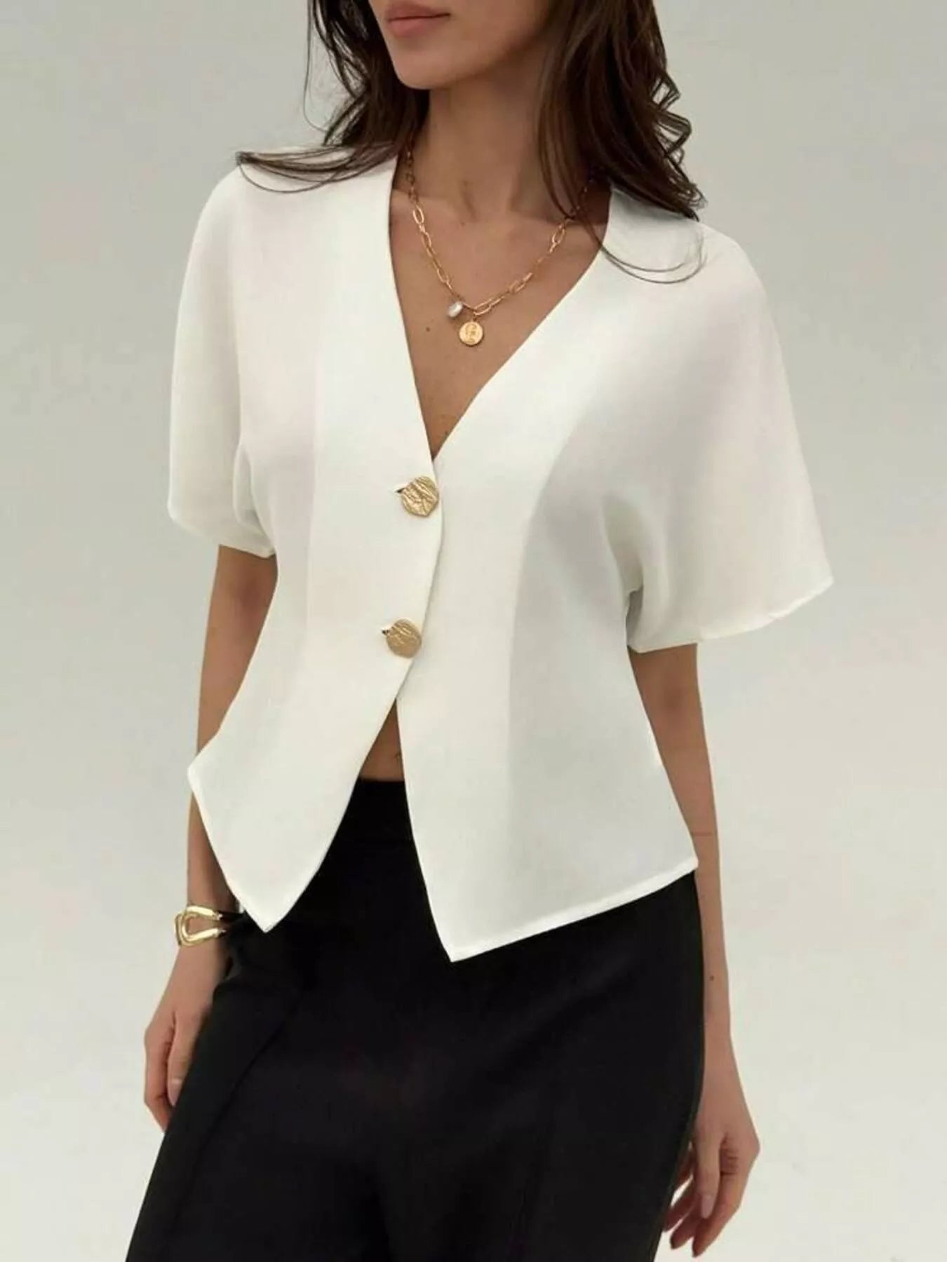 V-Neck Button-Up Short Sleeve Shirt Secondary image