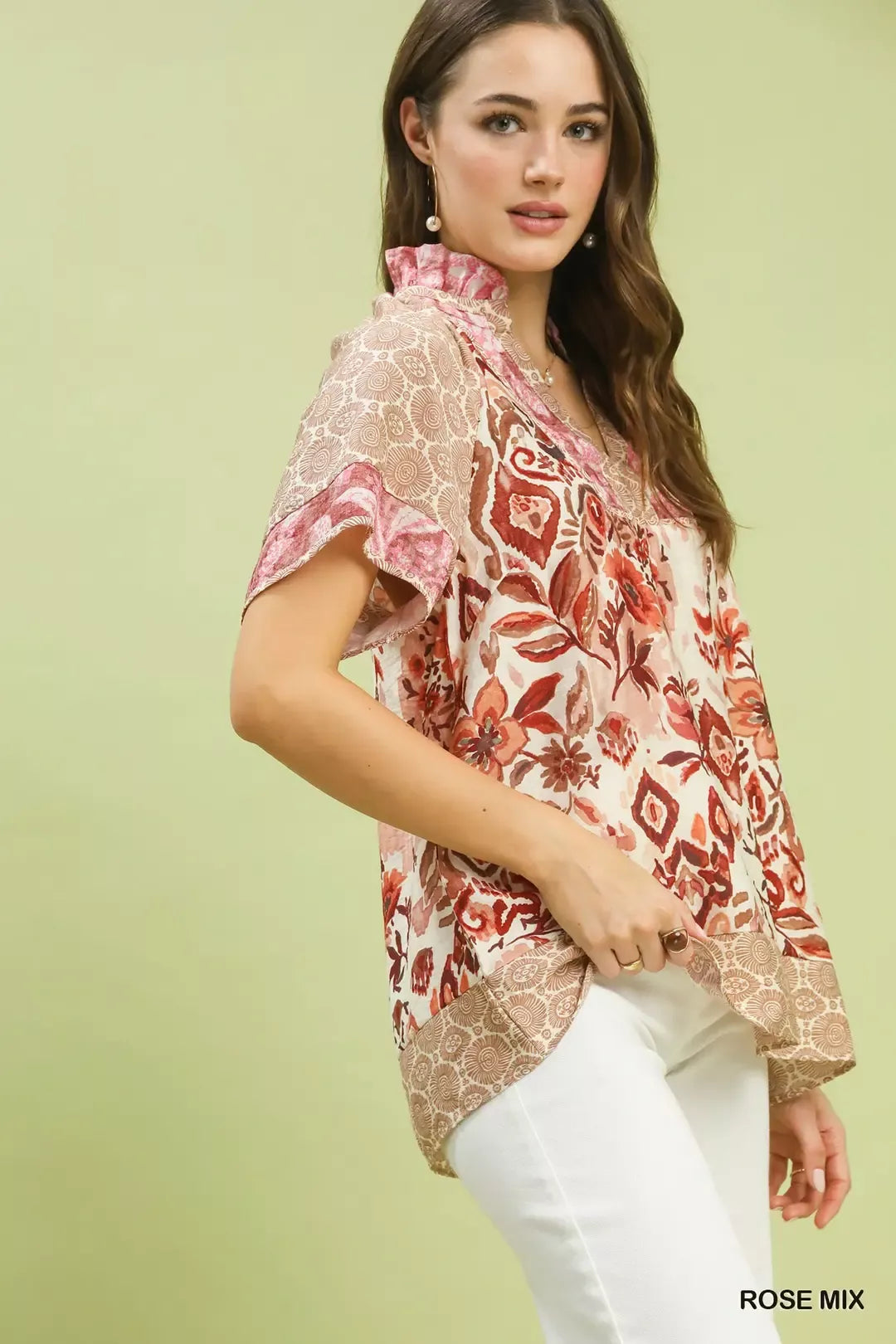Umgee Mixed Print V-Neck Short Sleeve Top Secondary image