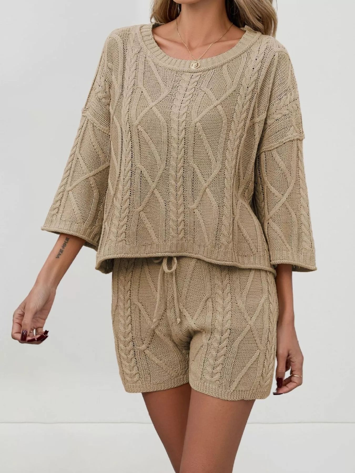 Cable Knit Round Neck Top and Shorts Sweater Set Secondary image