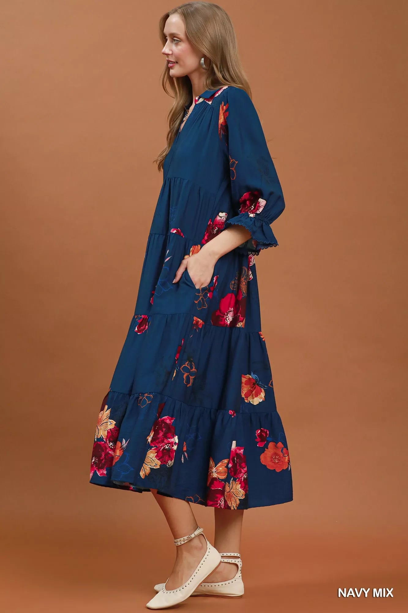 Umgee Floral Print Tiered Midi Dress with Puff Sleeves Secondary image
