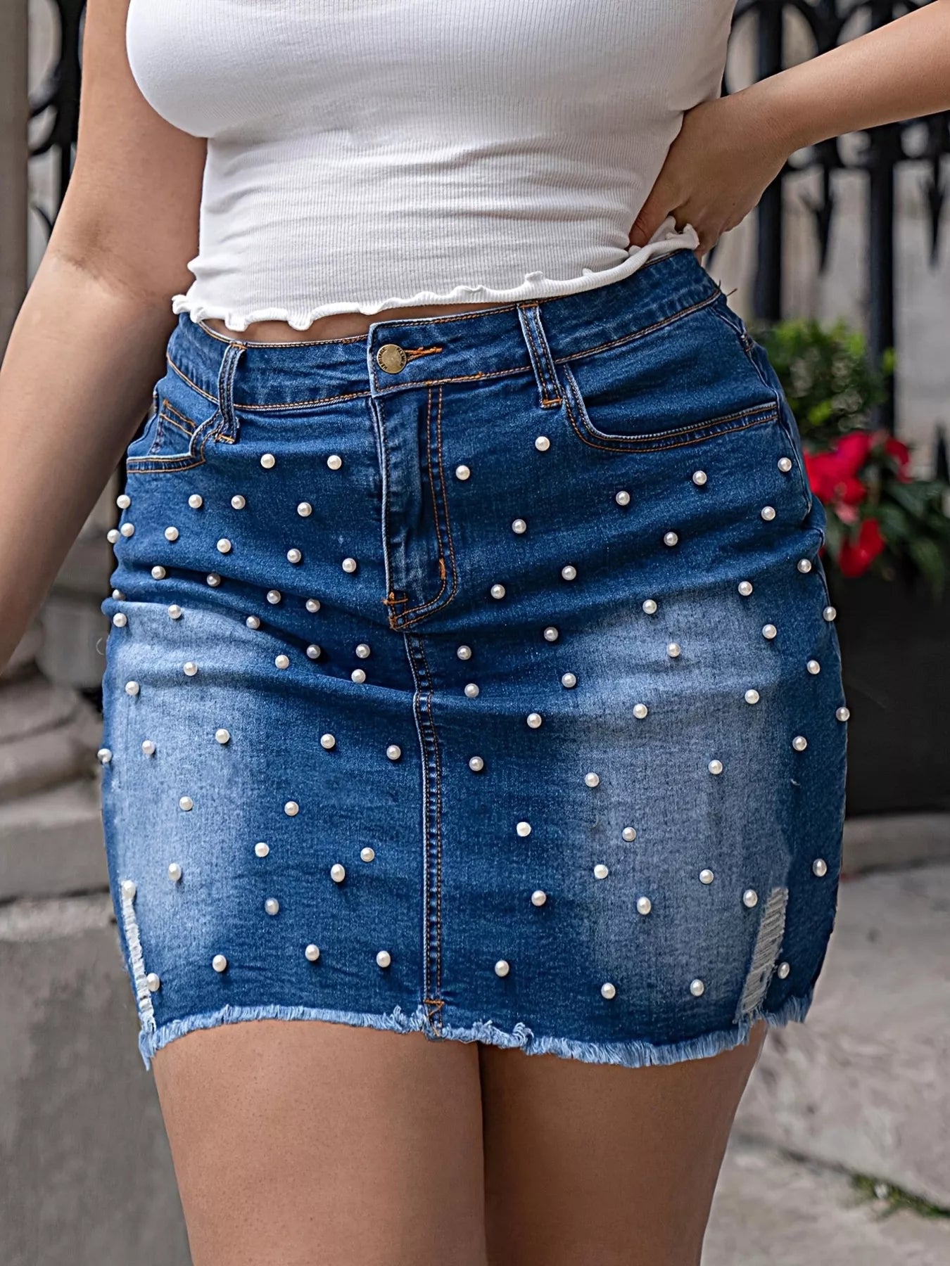 Plus Size Pearl Embellished Denim Skirt Secondary image