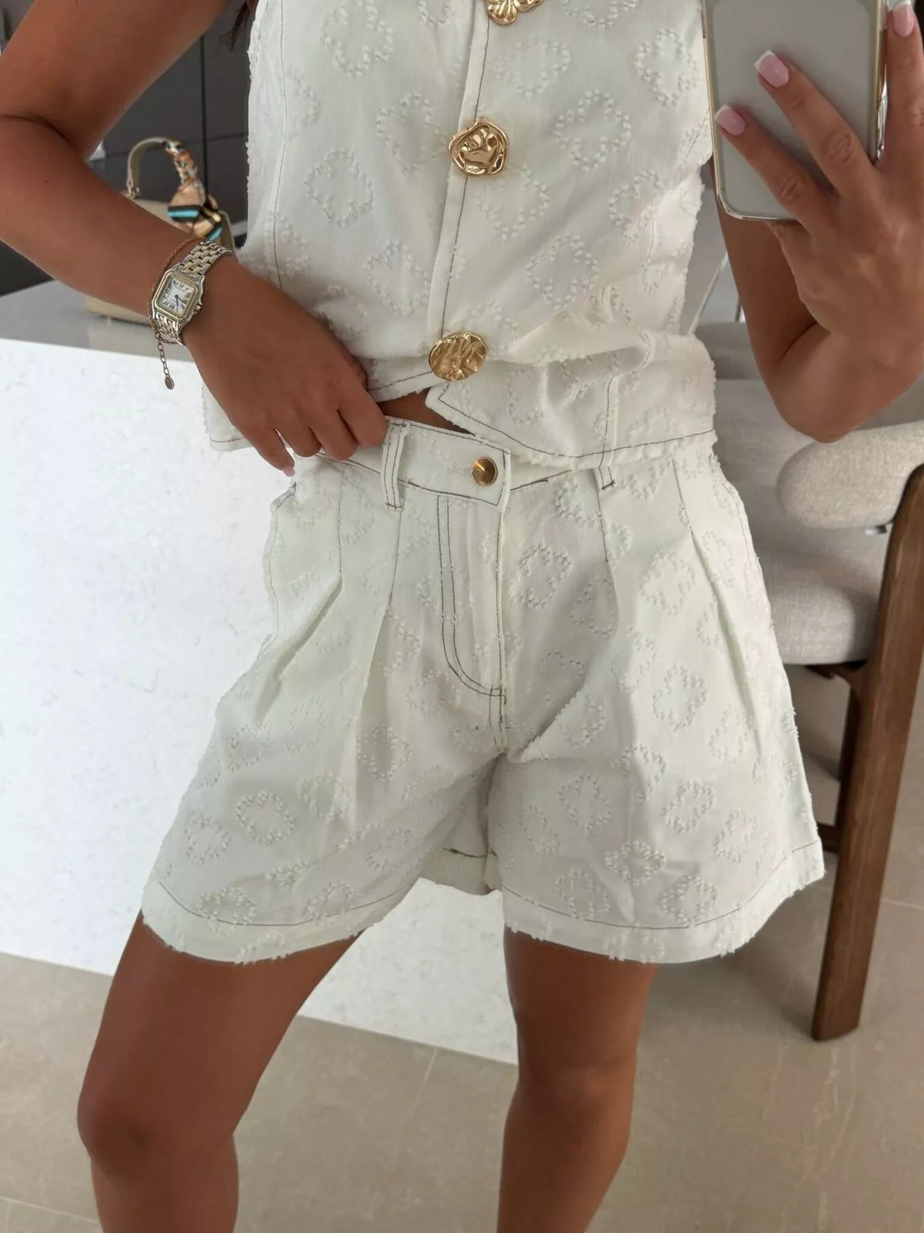 Embossed Vest and Shorts Denim Set with Gold-Tone Buttons Secondary image