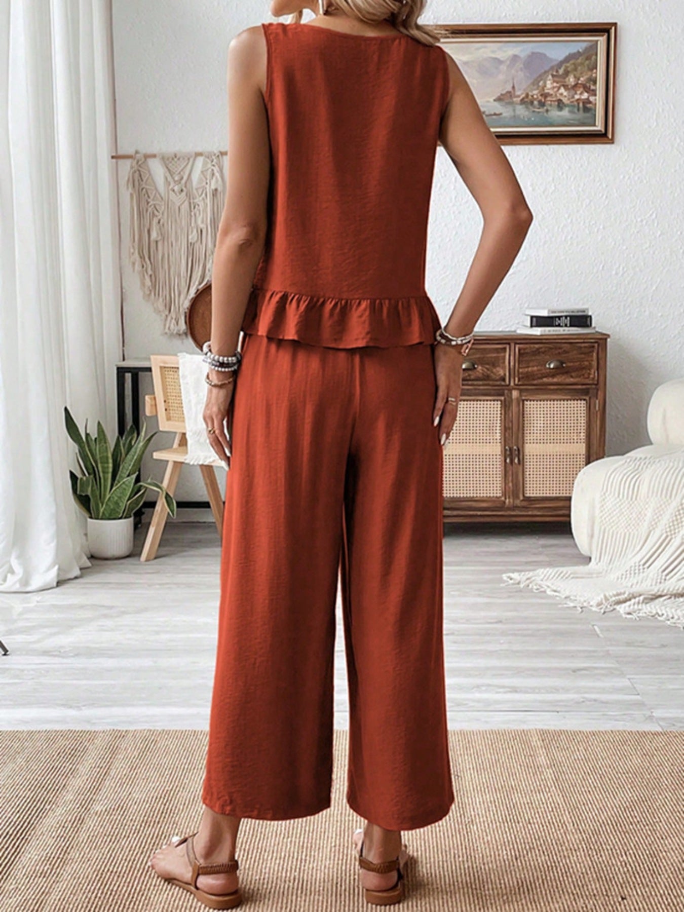 Sleeveless Ruffle Hem Tank and Wide Leg Two-Piece Set Secondary image
