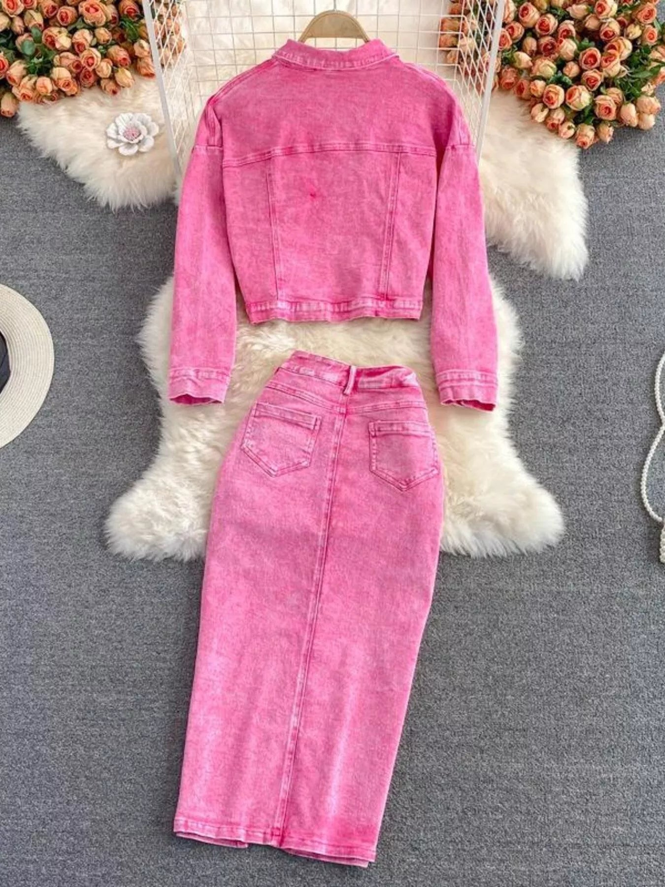 Button Up Jacket and Slit Skirt Denim Set Secondary image