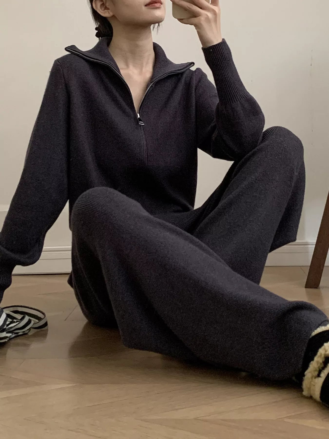 Zip Up Outerwear and Wide Leg Pants Set Secondary image