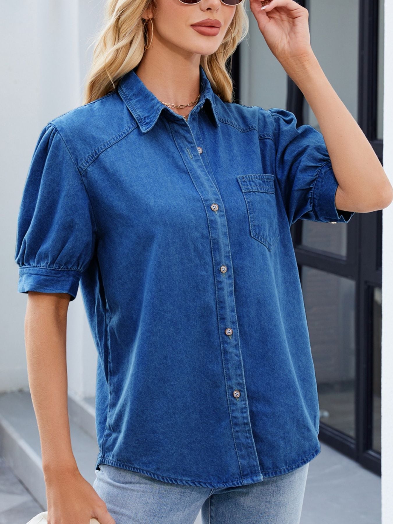 Puff Sleeve Button-Down Denim Shirt Secondary image