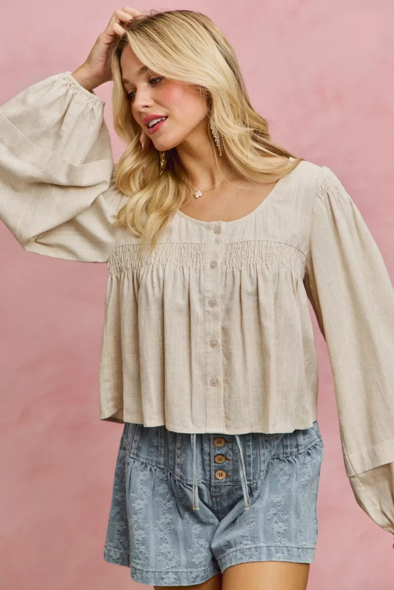 SO ME Linen Blend Woven Long Sleeve With Smocking Top Secondary image