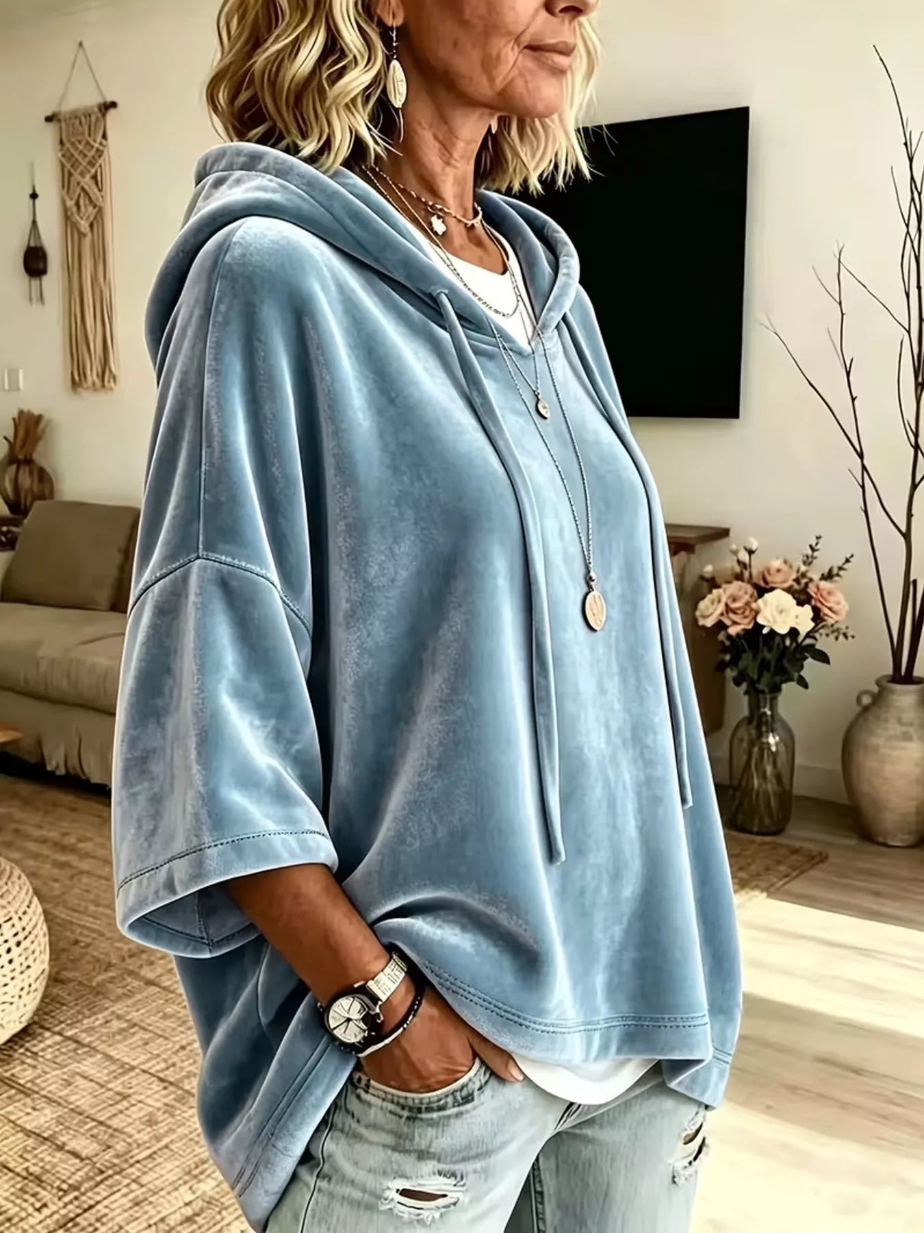 Velvet Loose Fit Hoodie with Drawstring Secondary image