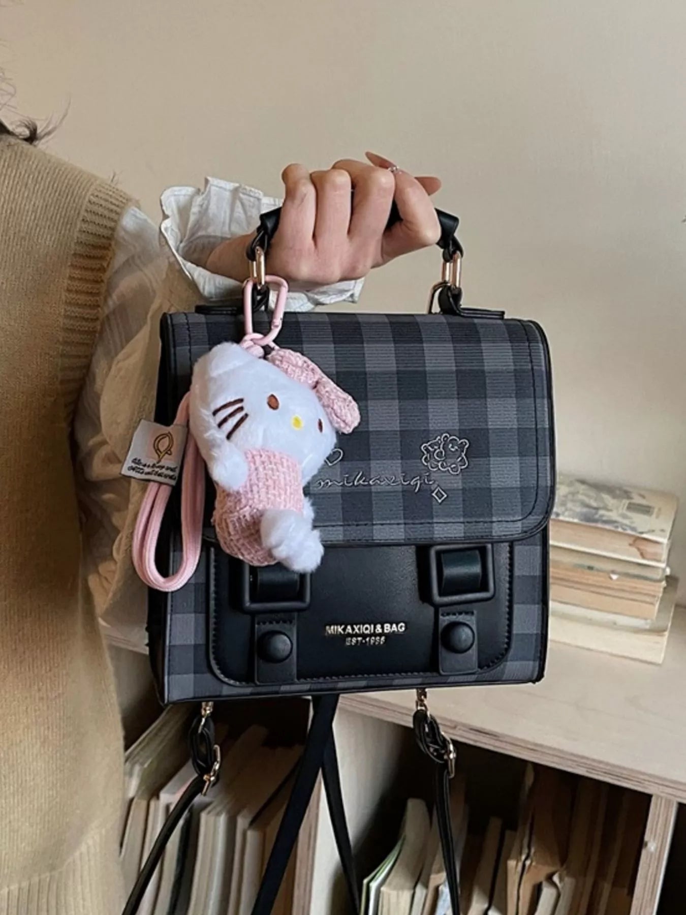 Plaid Pattern Embroidered Flap Backpack Bag Secondary image