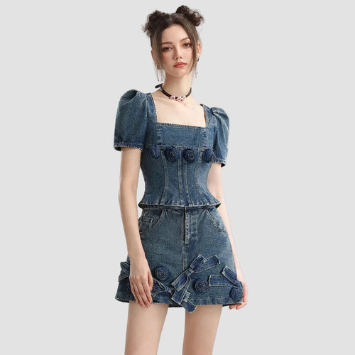 Women's Denim Skirt Set – 3D Rose Retro Top and Mini Skort, Two-Piece Summer Outfit