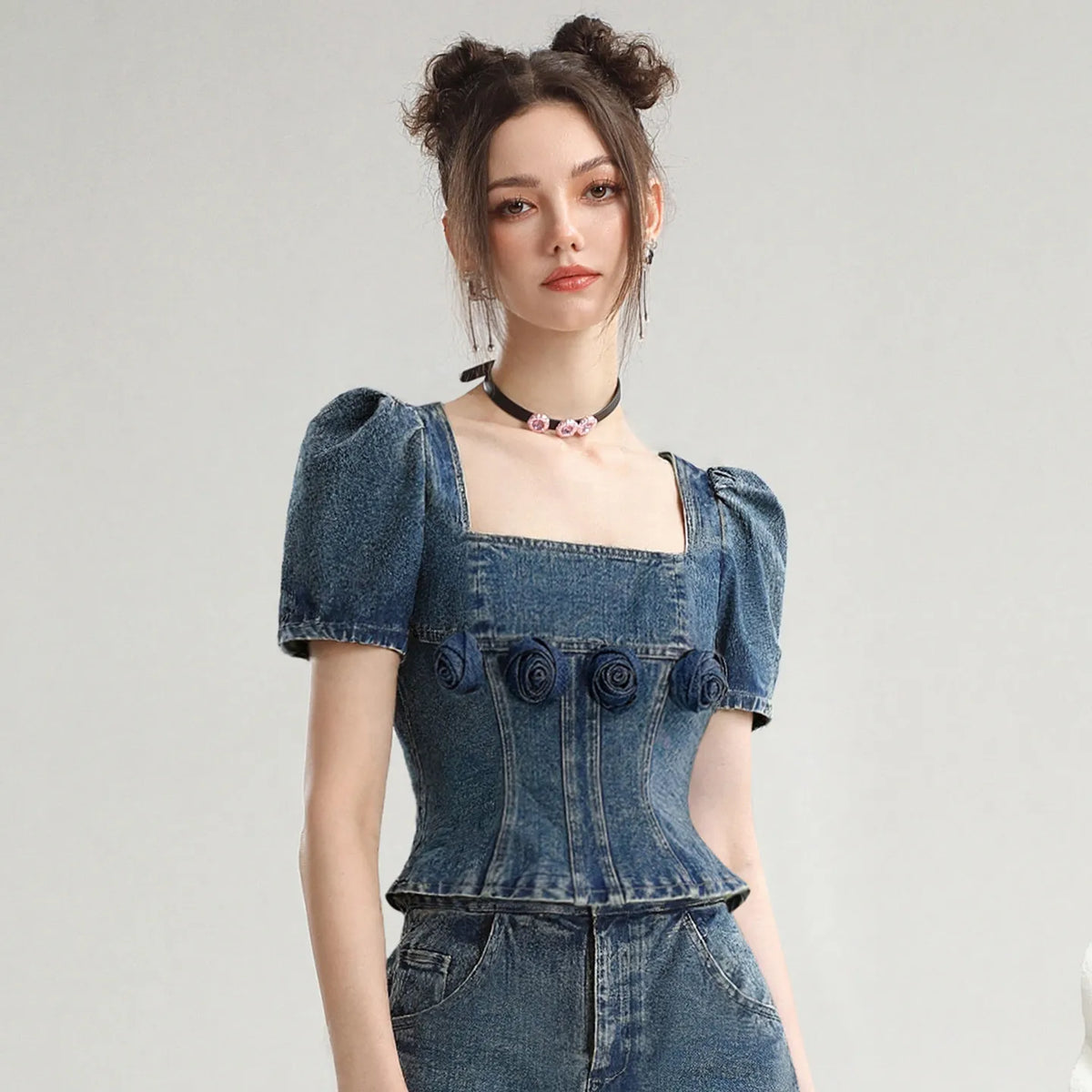 Dark Blue Retro Denim Skirt Set | Women's Floral Summer Two-Piece Outfit