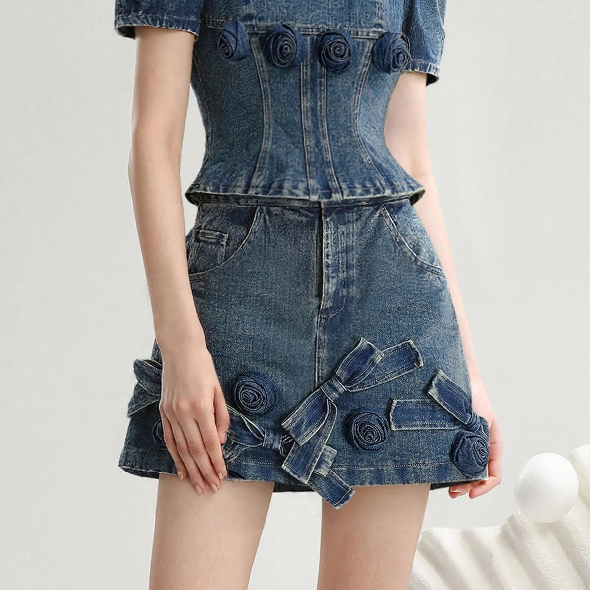 Dark Blue Retro Denim Skirt Set | Women's Floral Summer Two-Piece Outfit