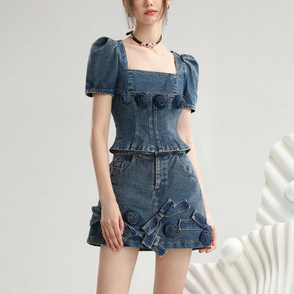 Dark Blue Retro Denim Skirt Set | Women's Floral Summer Two-Piece Outfit