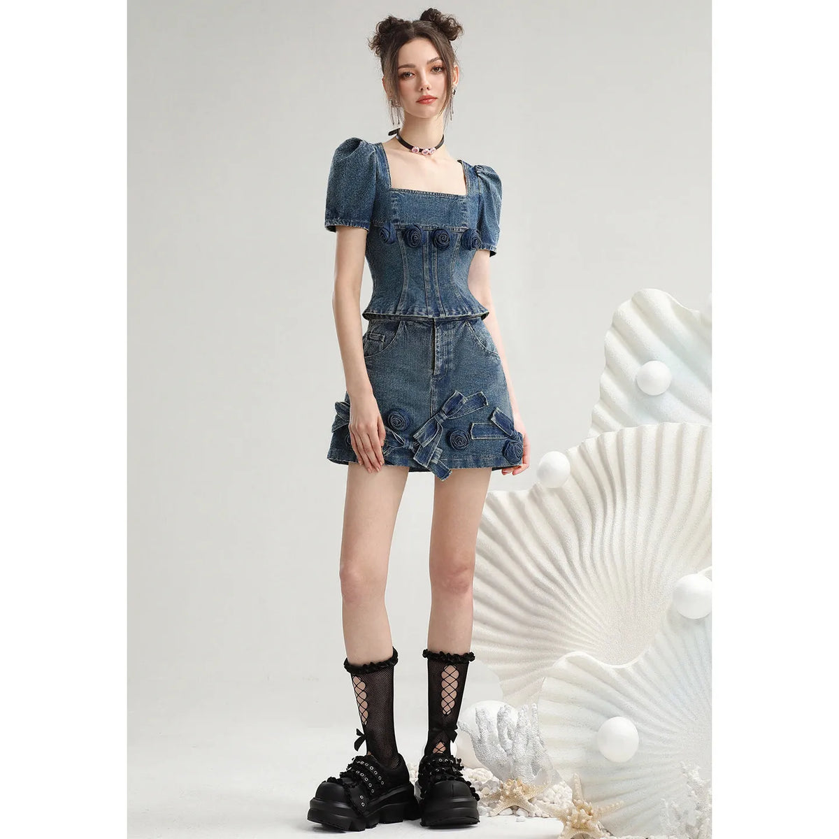 Dark Blue Retro Denim Skirt Set | Women's Floral Summer Two-Piece Outfit