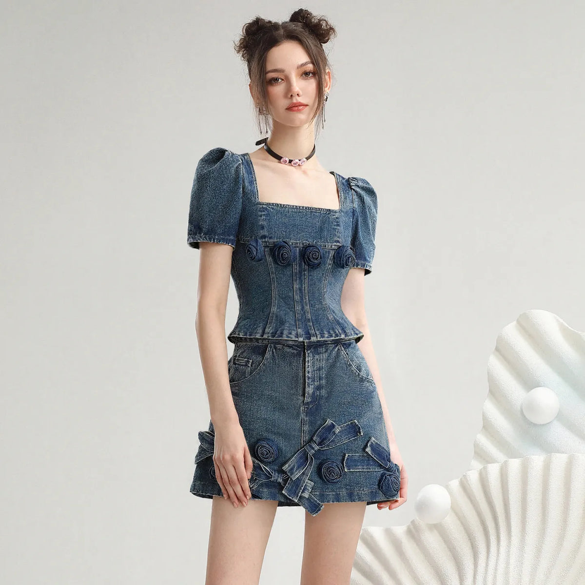 Dark Blue Retro Denim Skirt Set | Women's Floral Summer Two-Piece Outfit