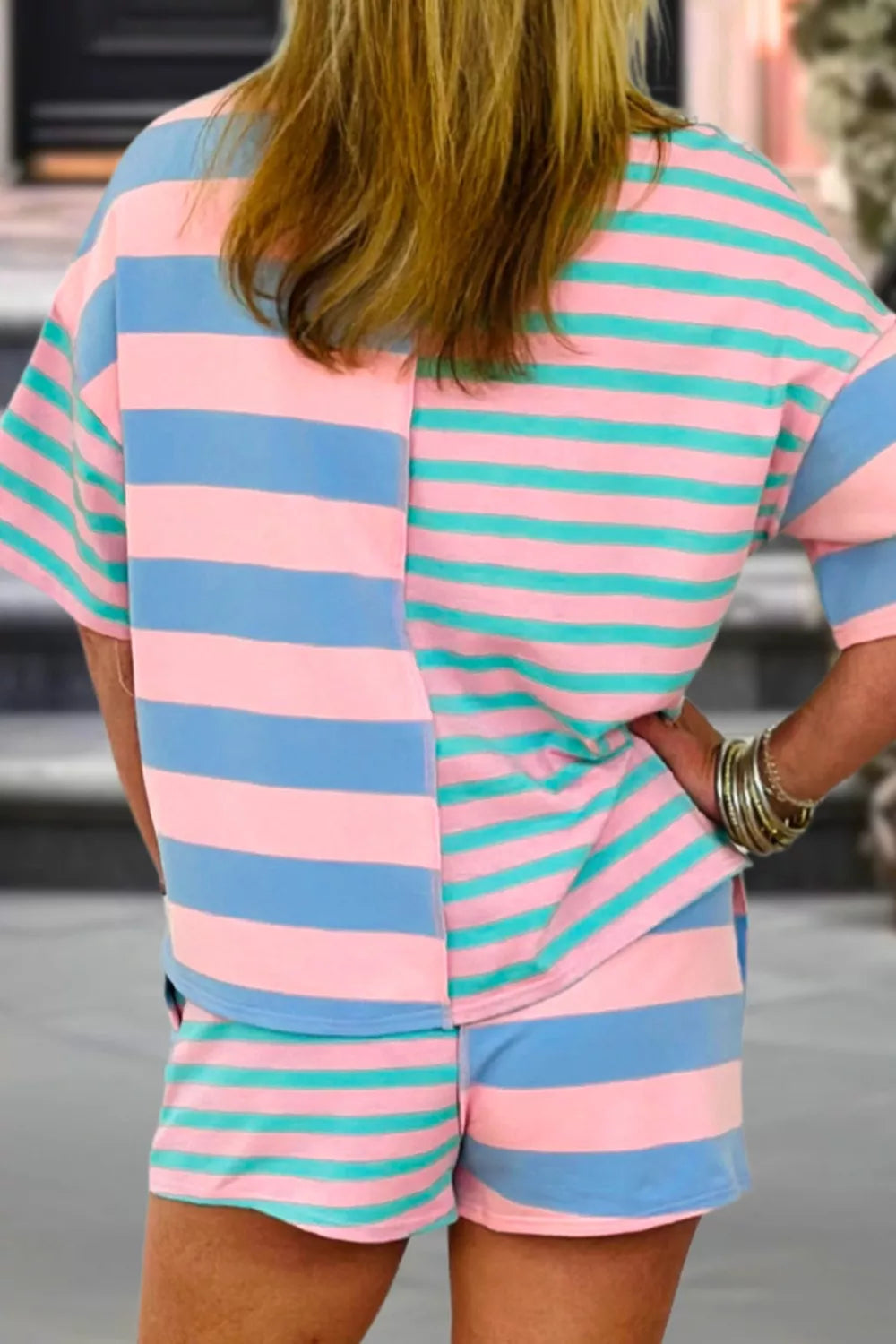 Stripe Exposed Seam Mixed Patchwork Loose Short Set Secondary image