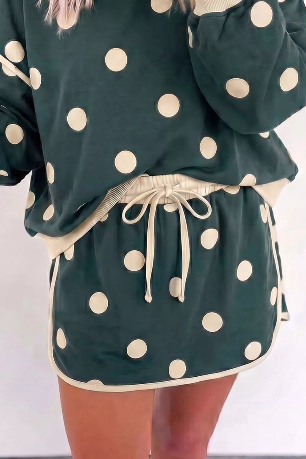 Polka Dot Print Color Block Trim Baggy Pullover Drawstring Skirt 2pcs Set Secondary image