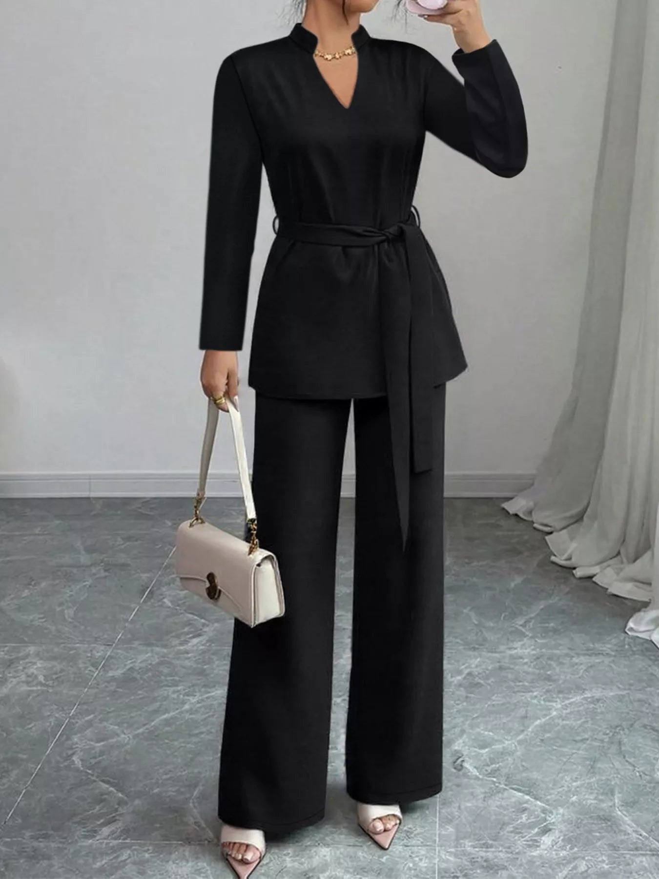 Tie-Waist Long Sleeve Top and Pants Set Secondary image